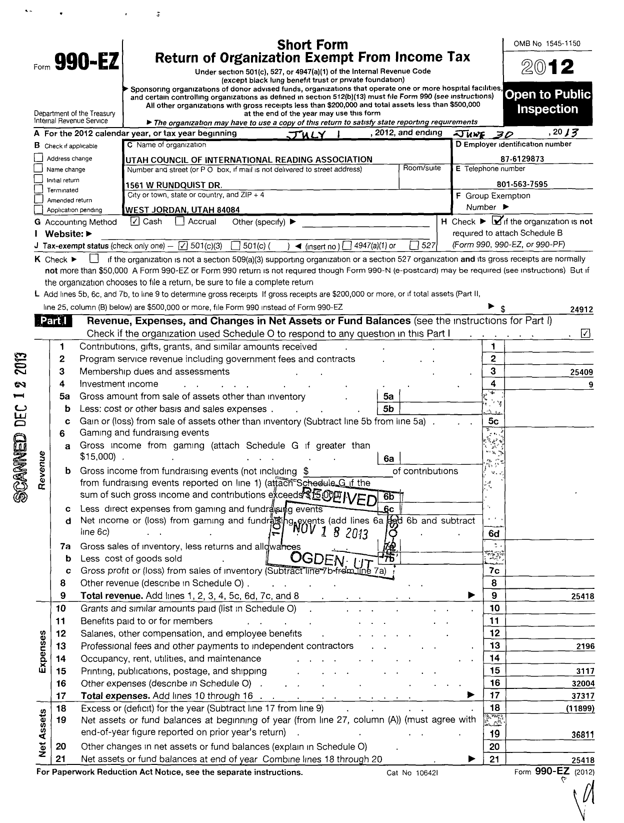 Image of first page of 2012 Form 990EZ for Utah Council of the International R