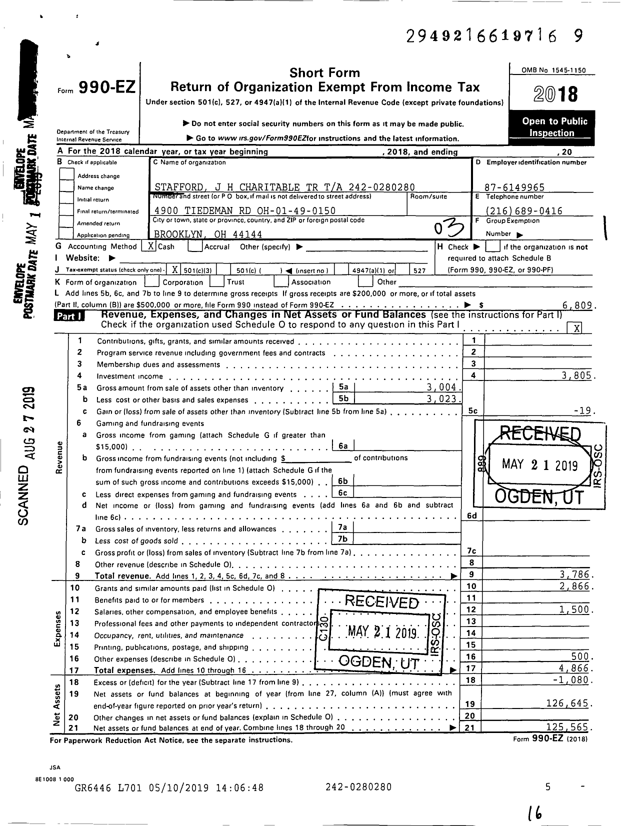 Image of first page of 2018 Form 990EZ for J H Stafford Charitable Trust