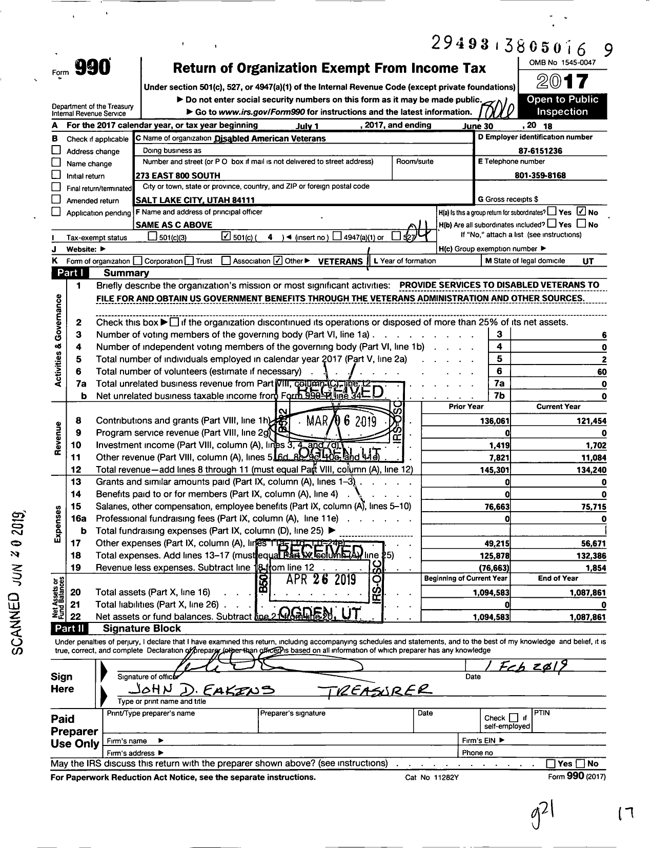 Image of first page of 2017 Form 990O for Disabled American Veterans - Dept of Utah