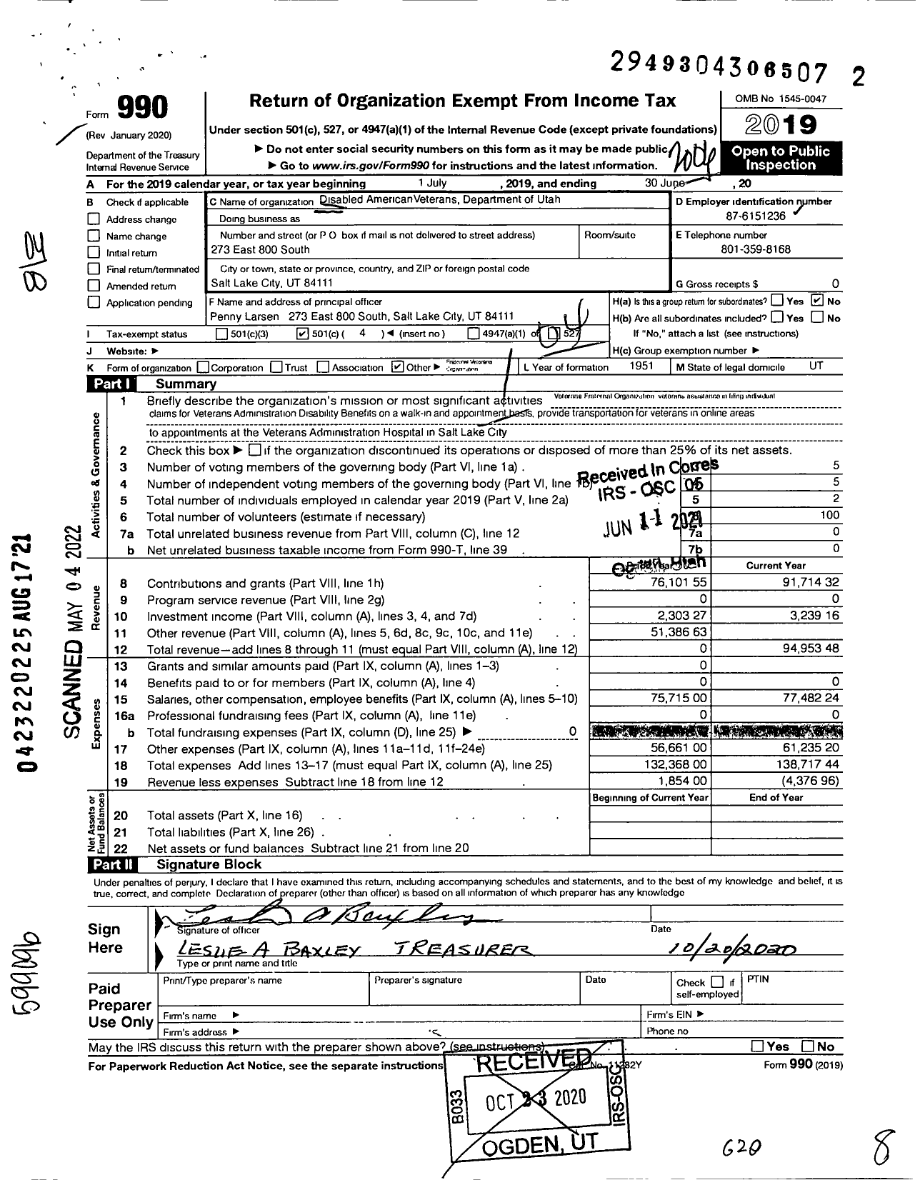 Image of first page of 2019 Form 990O for Disabled American Veterans - Dept of Utah