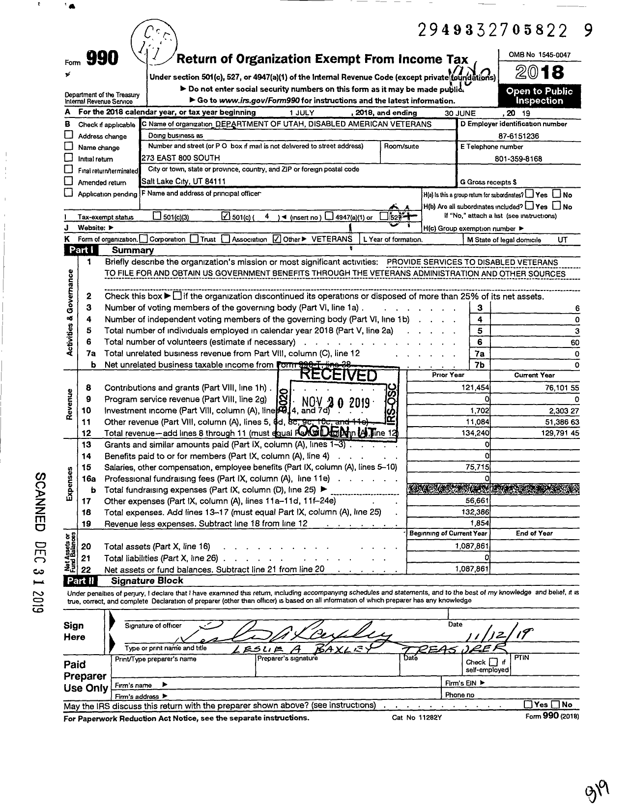 Image of first page of 2018 Form 990O for Disabled American Veterans - Dept of Utah