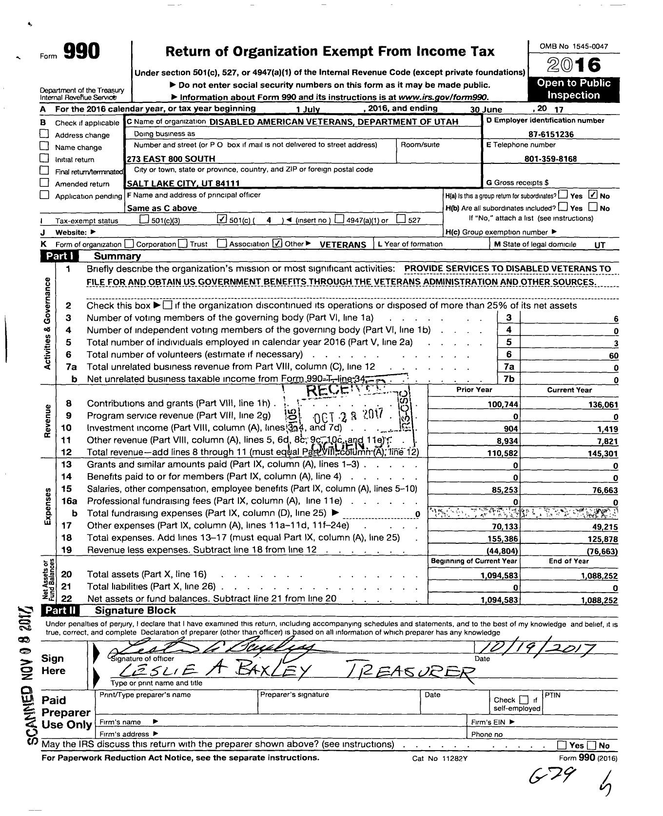 Image of first page of 2016 Form 990O for Disabled American Veterans - Dept of Utah