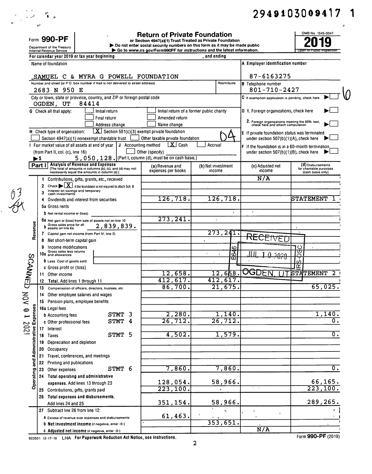 Image of first page of 2019 Form 990PF for Samuel C and Myra G Powell Foundation