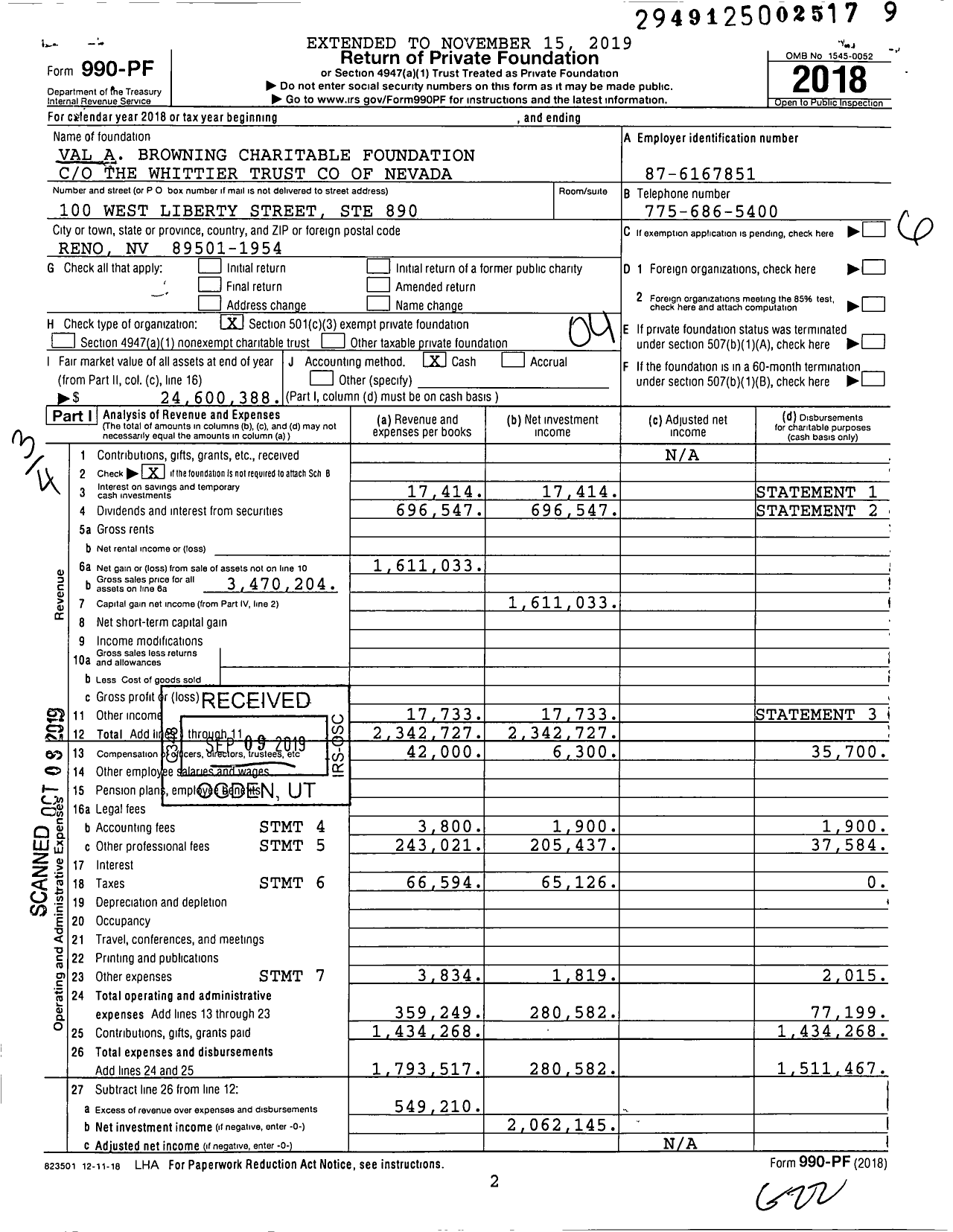Image of first page of 2018 Form 990PF for Val A Browning Charitable Foundation