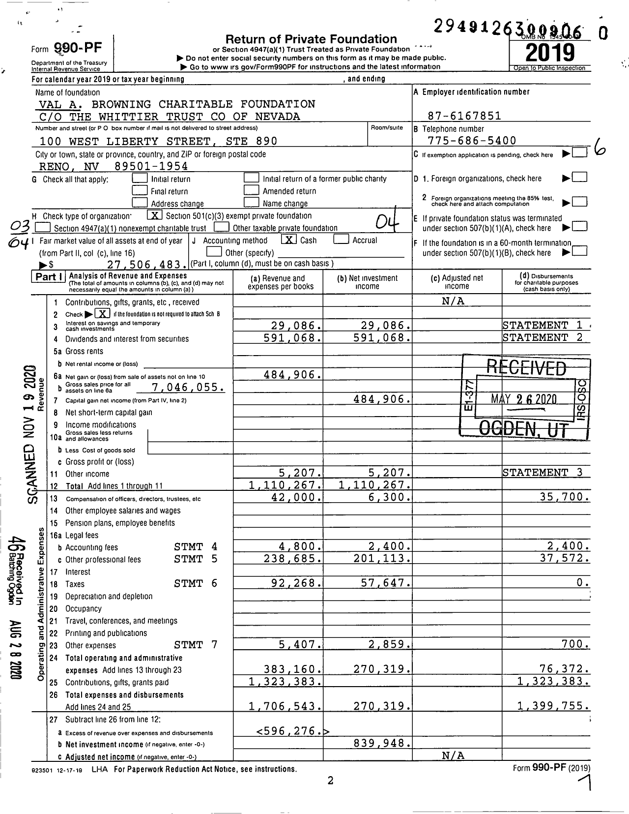 Image of first page of 2019 Form 990PF for Val A Browning Charitable Foundation