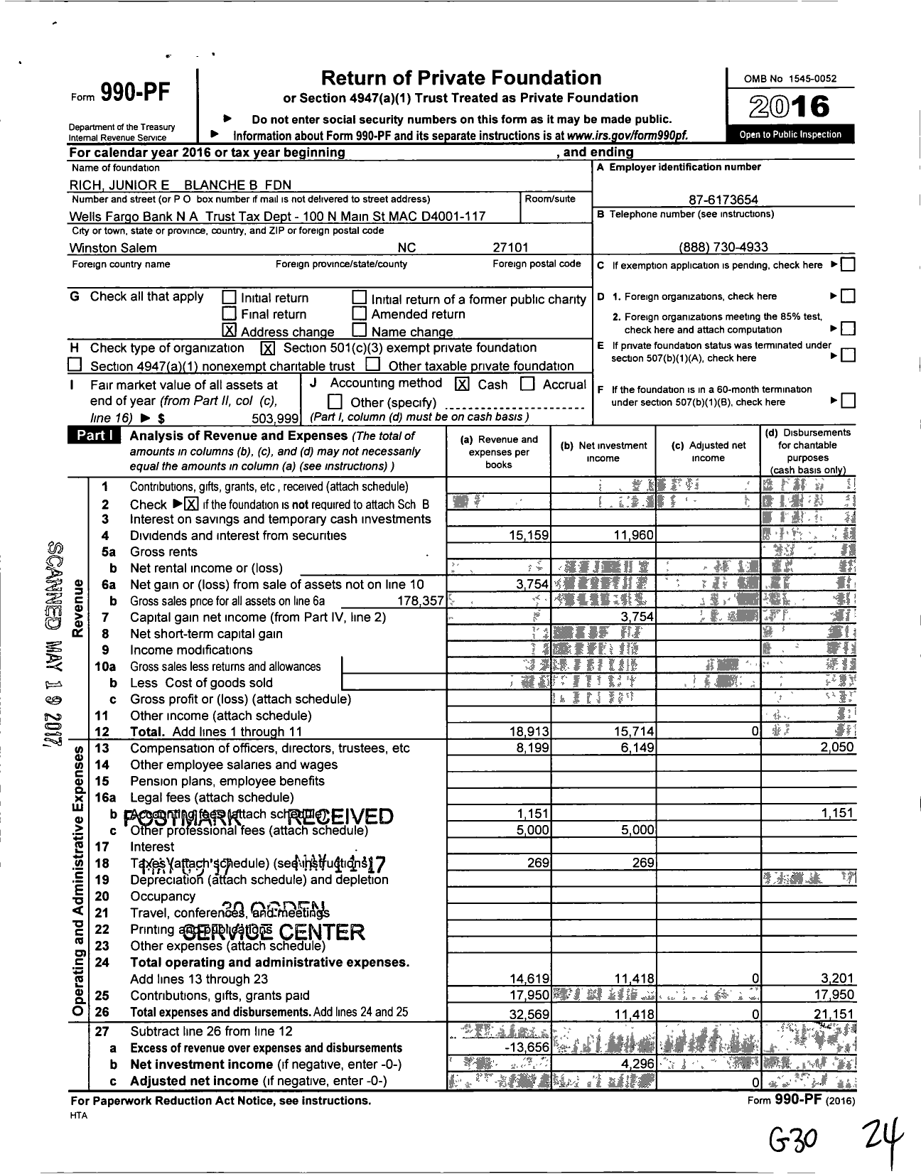 Image of first page of 2016 Form 990PF for Rich Junior E and Blanche B Foundation