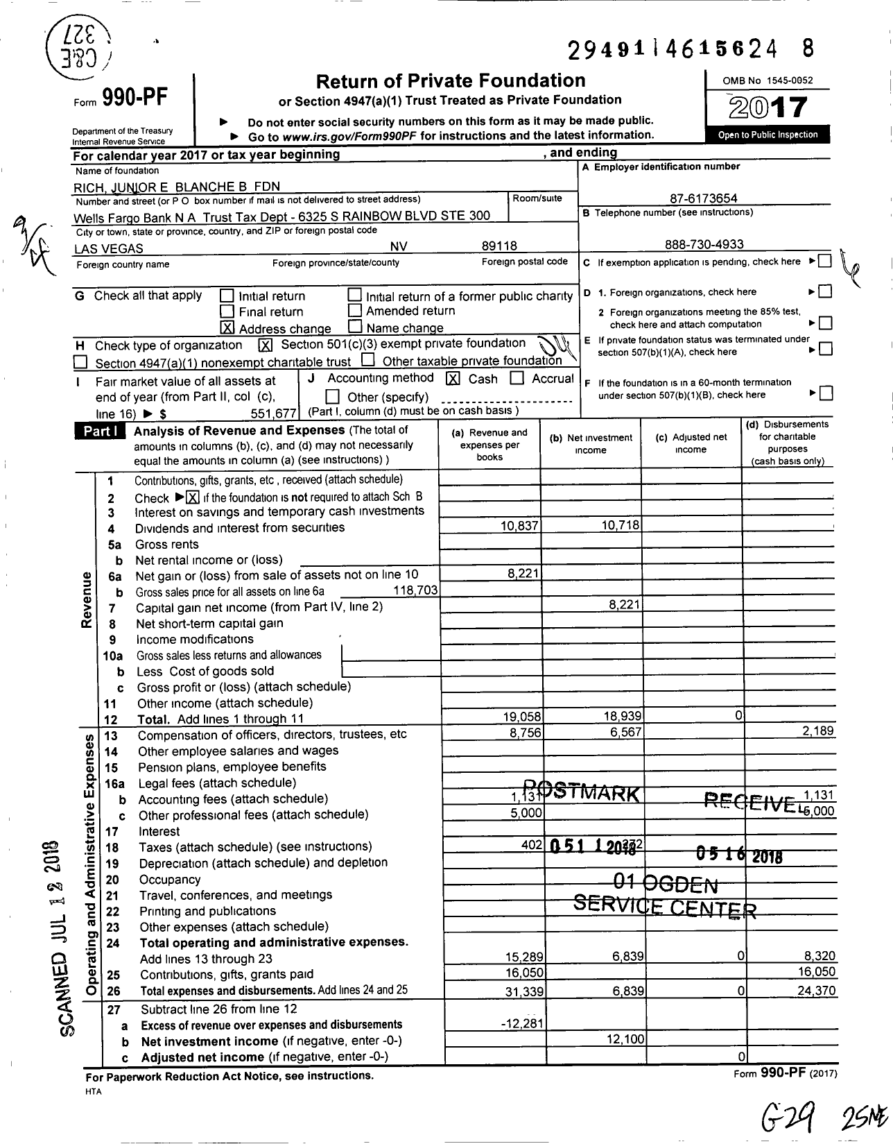 Image of first page of 2017 Form 990PF for Rich Junior E and Blanche B Foundation