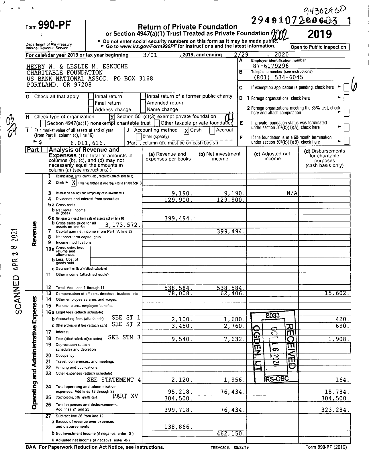 Image of first page of 2019 Form 990PF for Henry W and Leslie M Eskuche Charitable Foundation