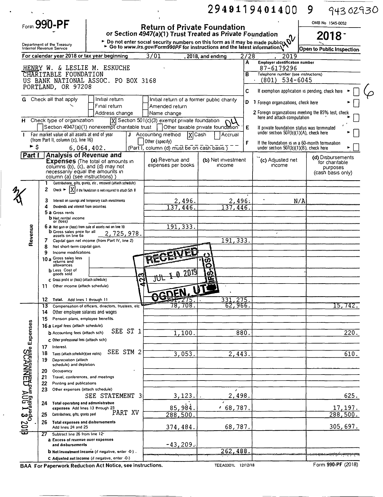 Image of first page of 2018 Form 990PF for Henry W and Leslie M Eskuche Charitable Foundation