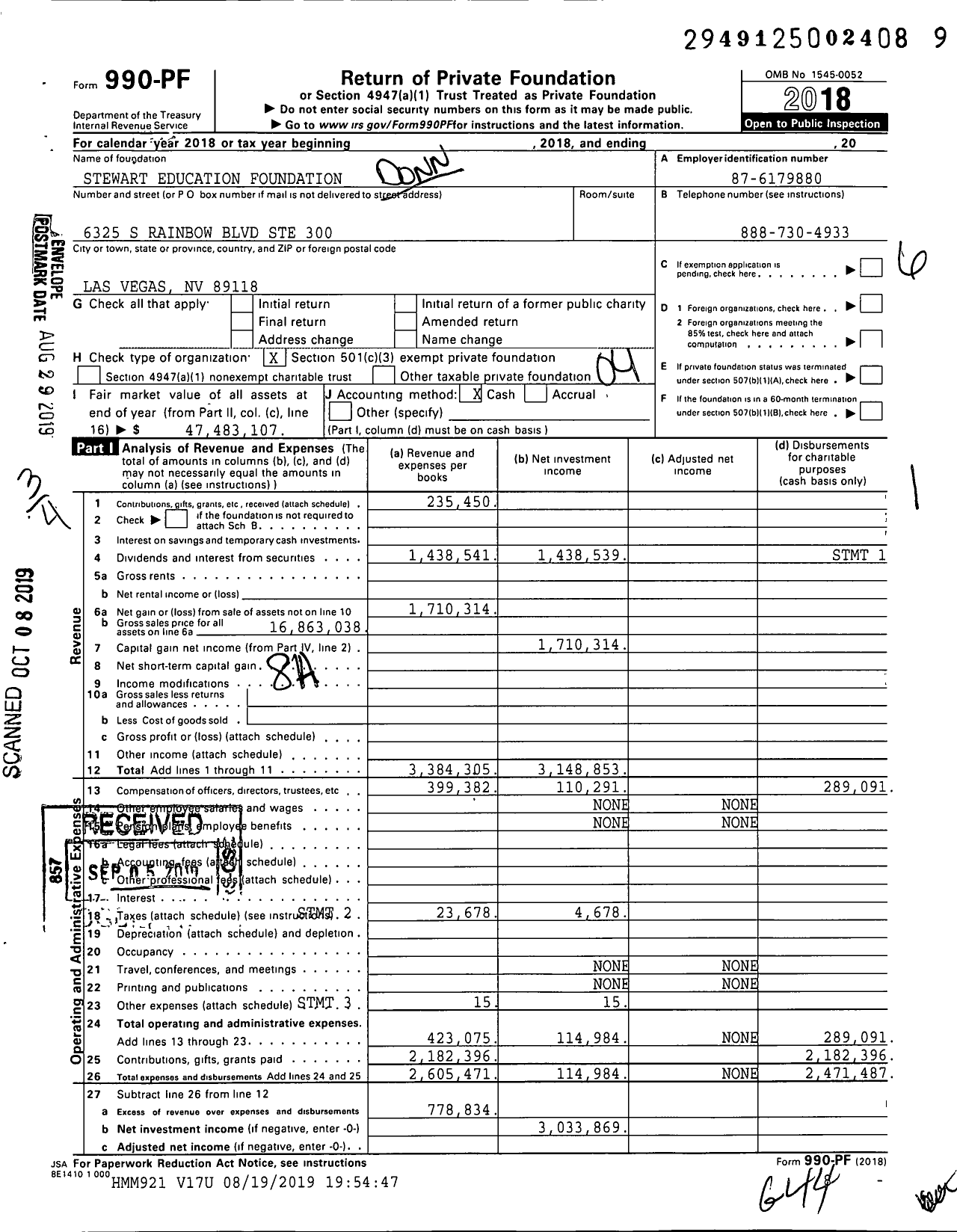 Image of first page of 2018 Form 990PF for Donnell B and Elizabeth D Stewart Education Foundation
