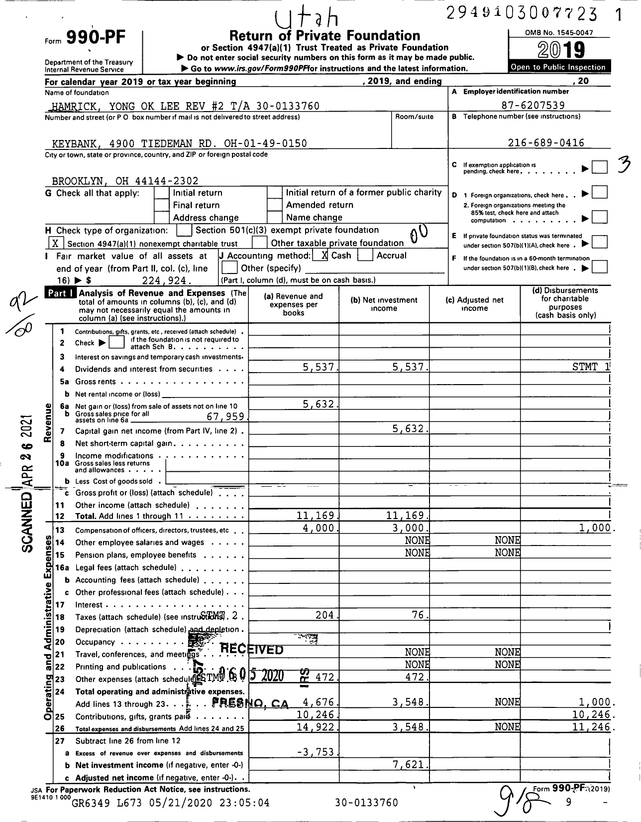 Image of first page of 2019 Form 990PF for Hamrick Yong Ok Lee Rev #2 Ta