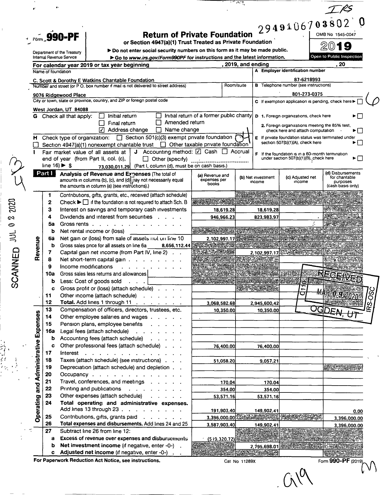 Image of first page of 2019 Form 990PR for C Scott and Dorothy E Watkins Charitable Foundation