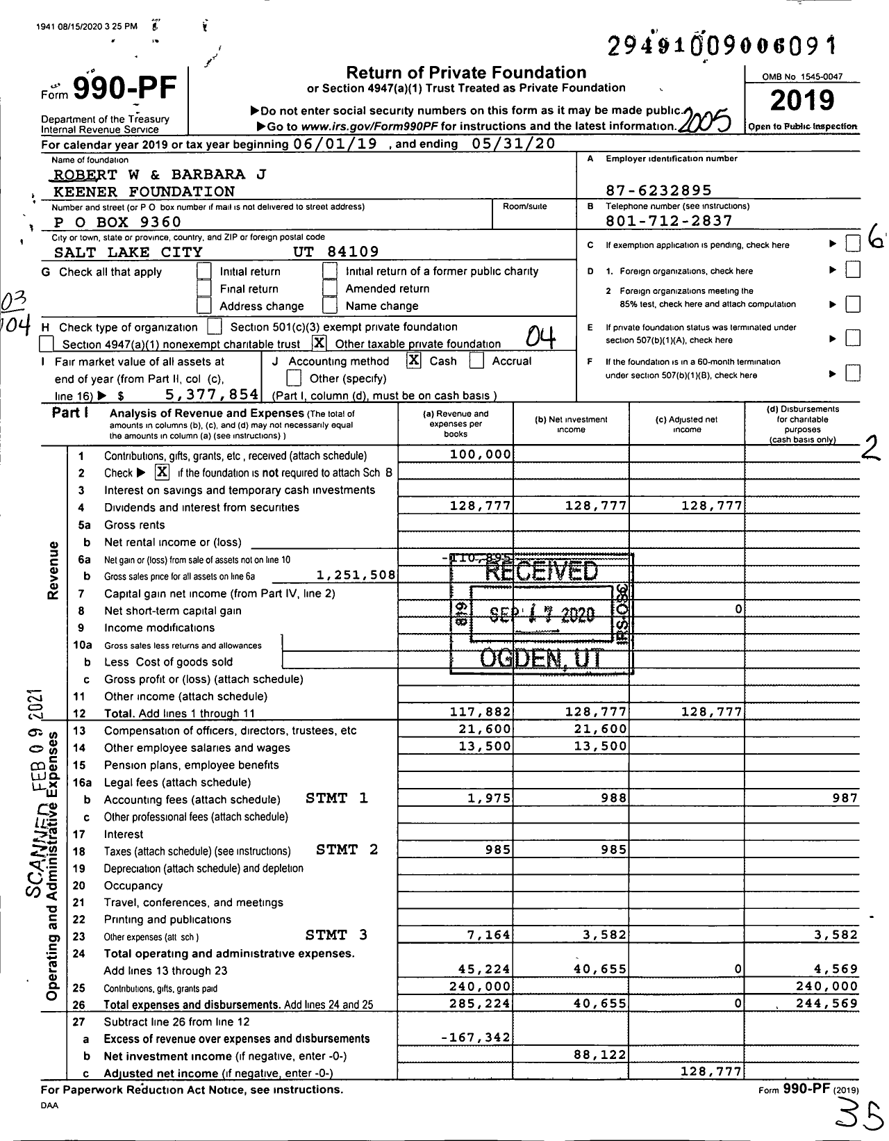 Image of first page of 2019 Form 990PF for Robert W and Barbara J Keener Foundation