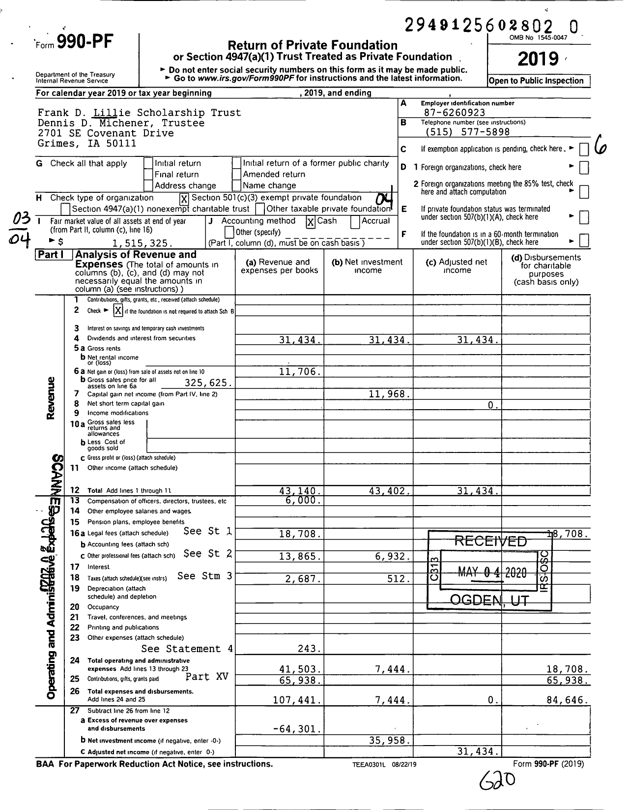 Image of first page of 2019 Form 990PR for Frank D Lillie Scholarship Trust