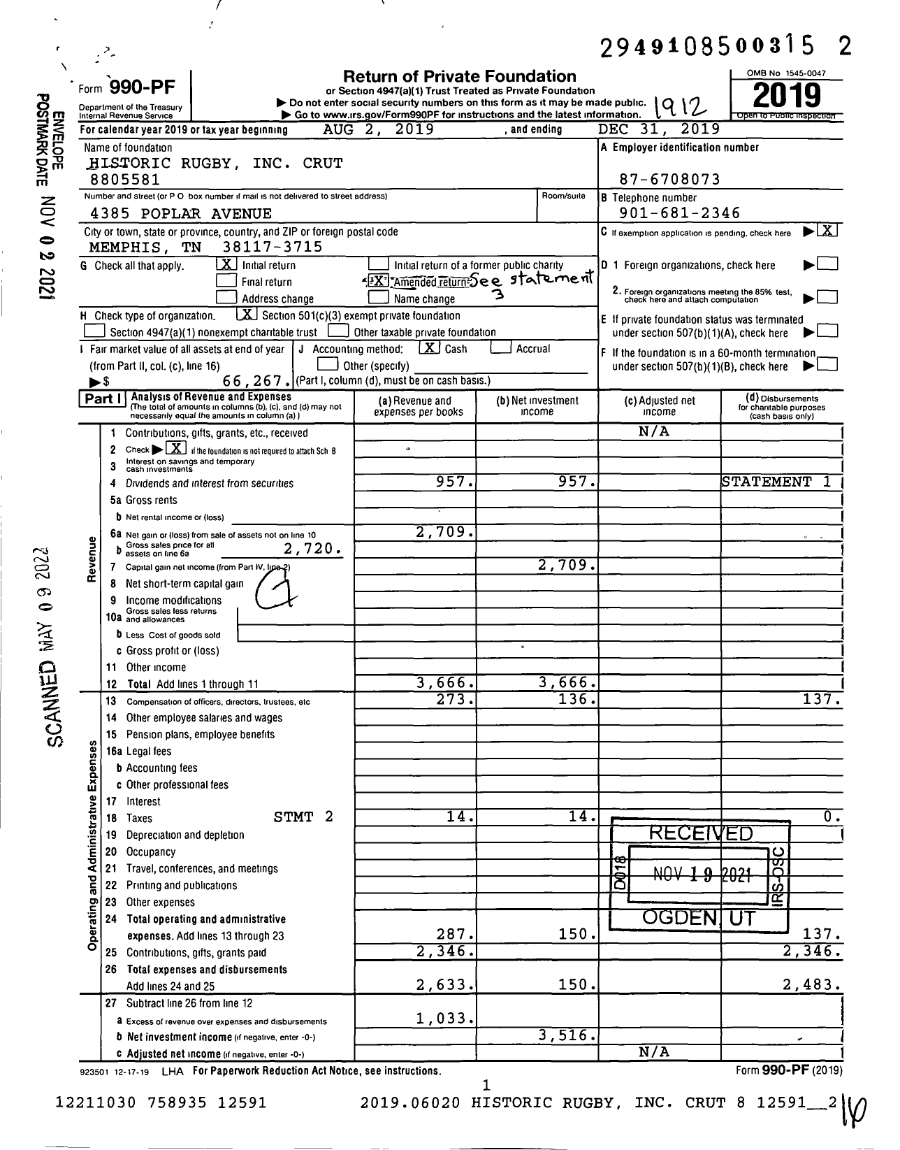 Image of first page of 2019 Form 990PF for Historic Rugby Crut 71-8805581