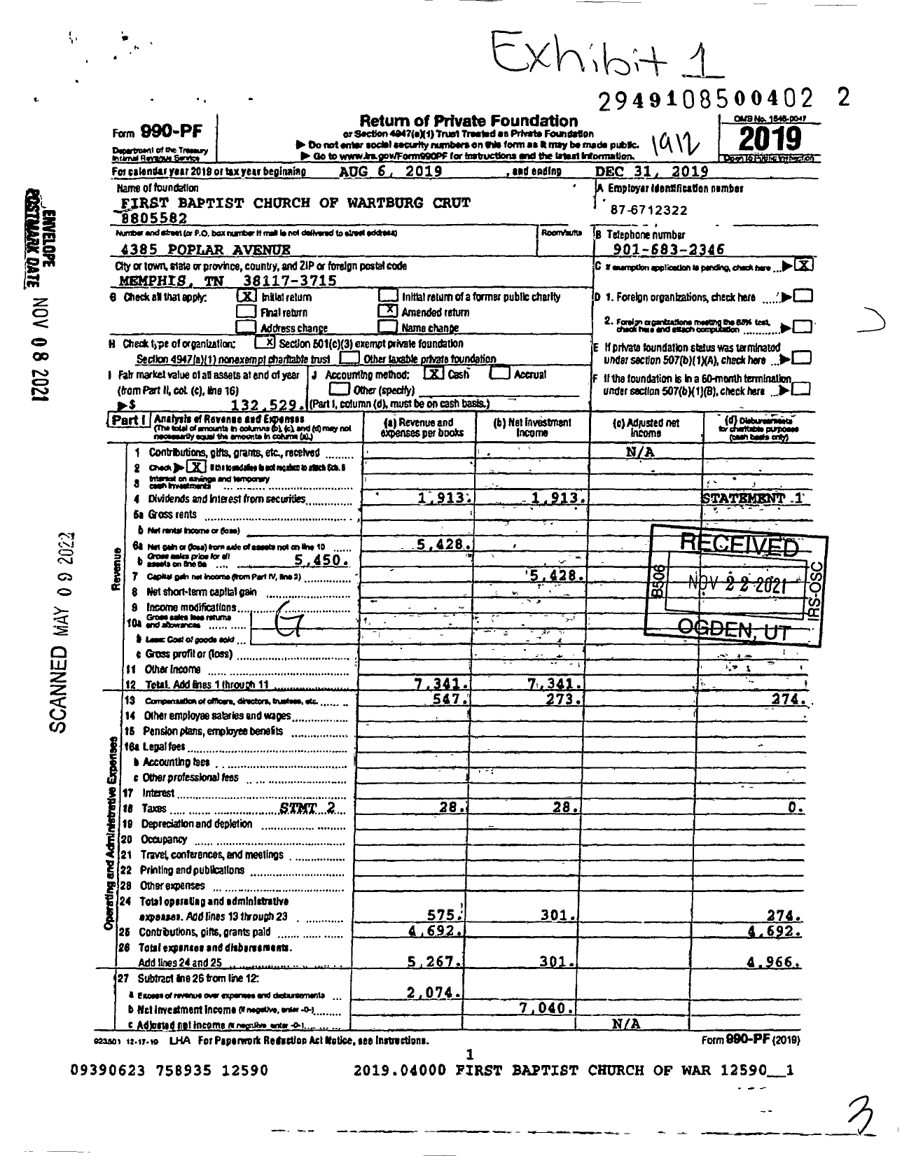 Image of first page of 2019 Form 990PF for First Baptist Church of Wartburg Crut