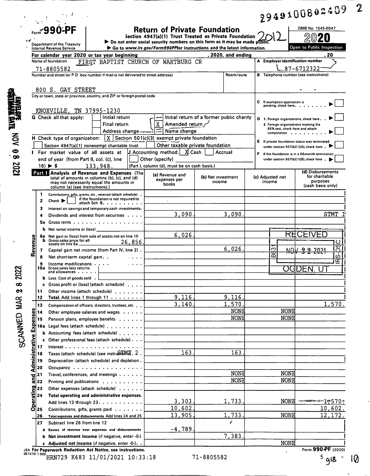 Image of first page of 2020 Form 990PF for First Baptist Church of Wartburg Crut