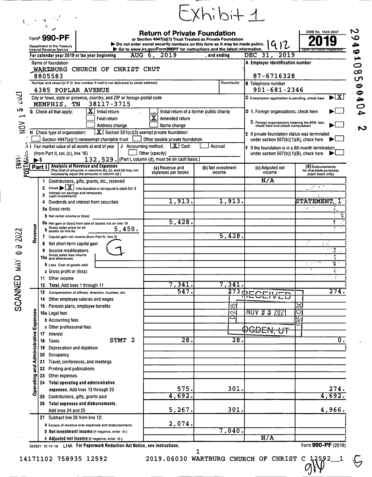 Image of first page of 2019 Form 990PF for Wartburg Church of Christ Crut 8805583