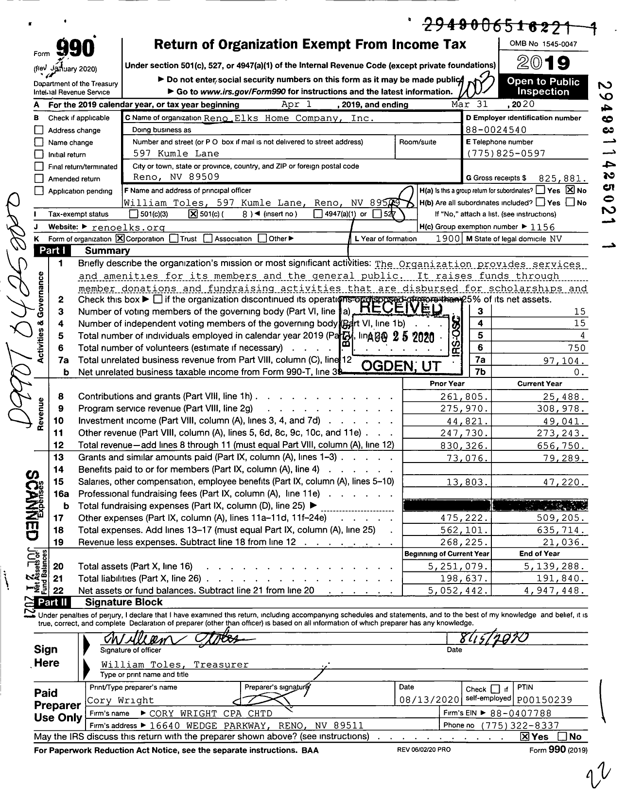 Image of first page of 2019 Form 990O for Benevolent and Protective Order of Elks - Reno Elks Lodge #597