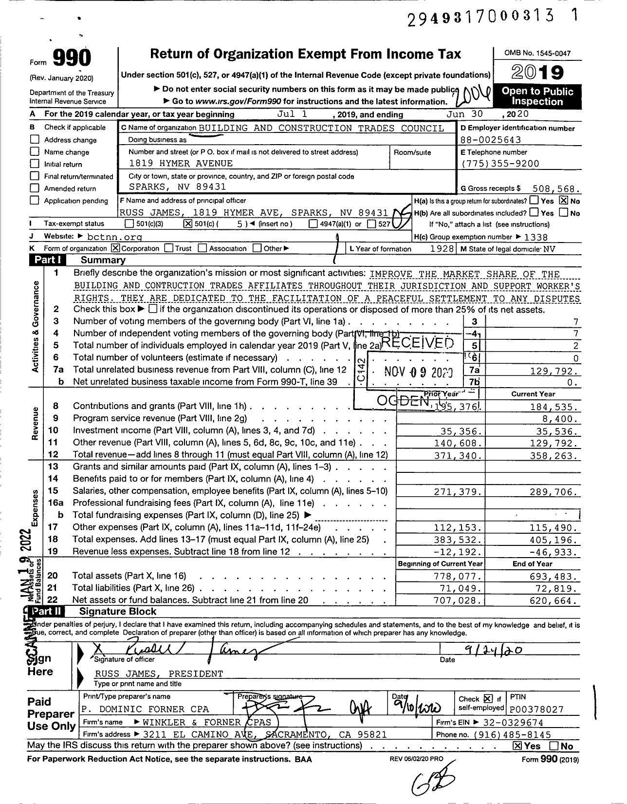 Image of first page of 2019 Form 990O for AFL-CIO - Northern Nevada Bldg & Const Trades