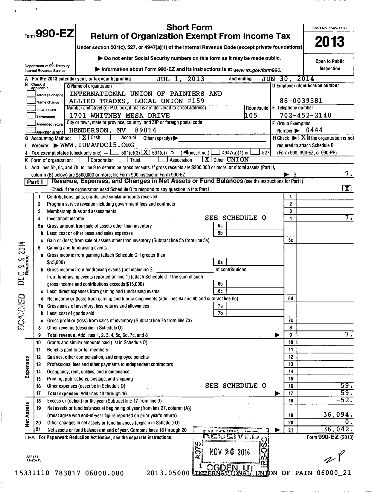 Image of first page of 2013 Form 990EO for International Union of Painters and Allied Trades - 159 Painters Local Union