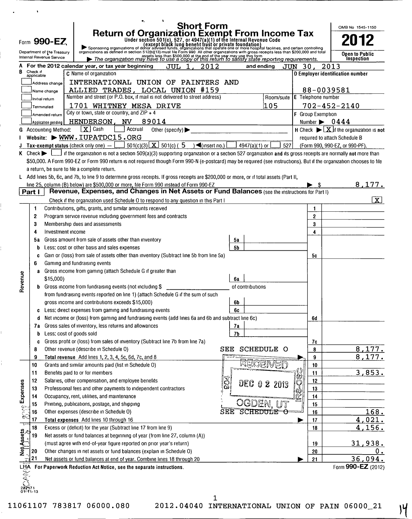 Image of first page of 2012 Form 990EO for International Union of Painters and Allied Trades - 159 Painters Local Union