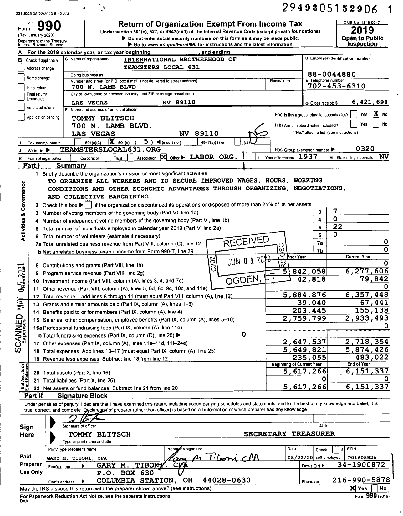 Image of first page of 2019 Form 990O for Teamsters - 631 TCWH