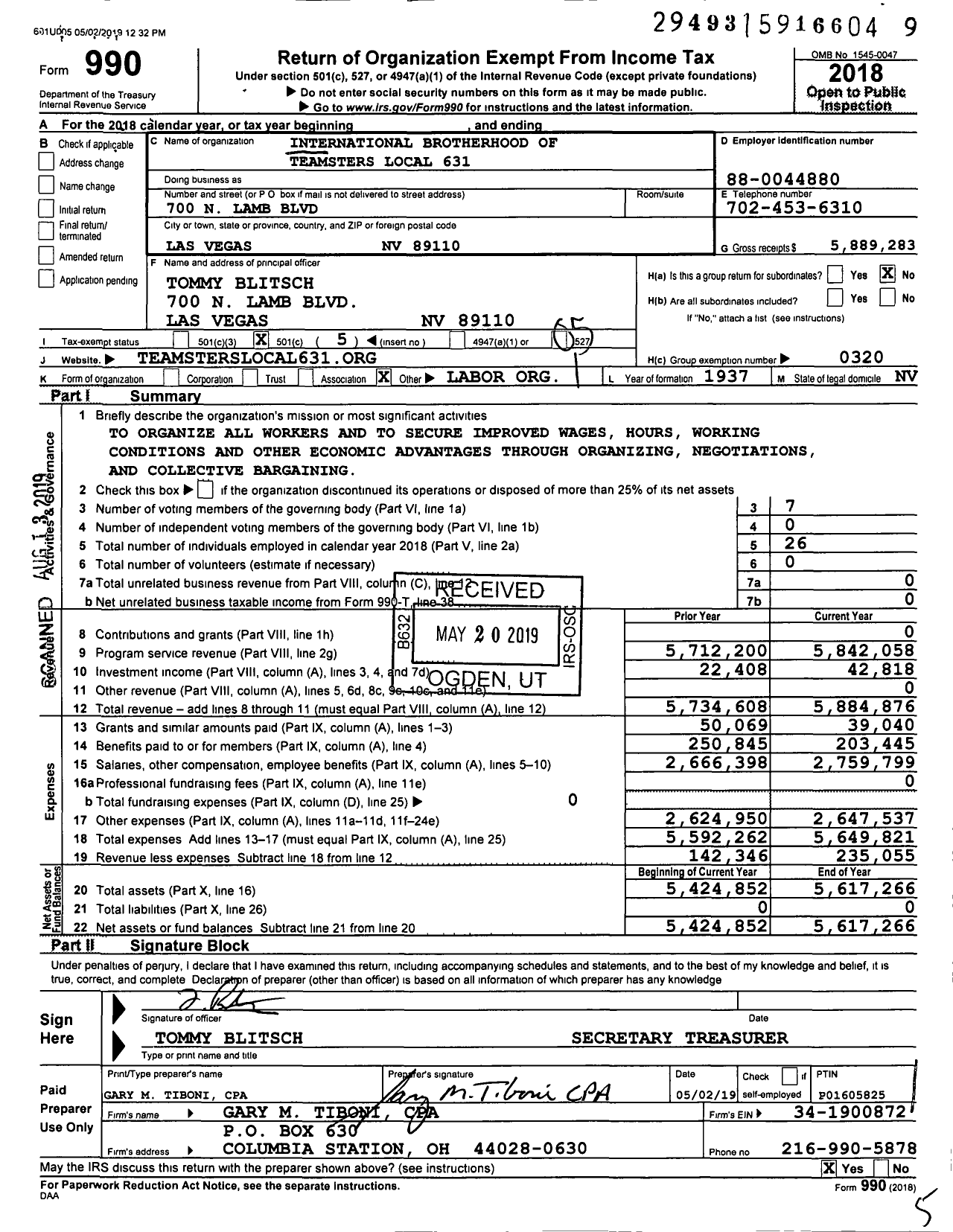 Image of first page of 2018 Form 990O for Teamsters - 631 TCWH