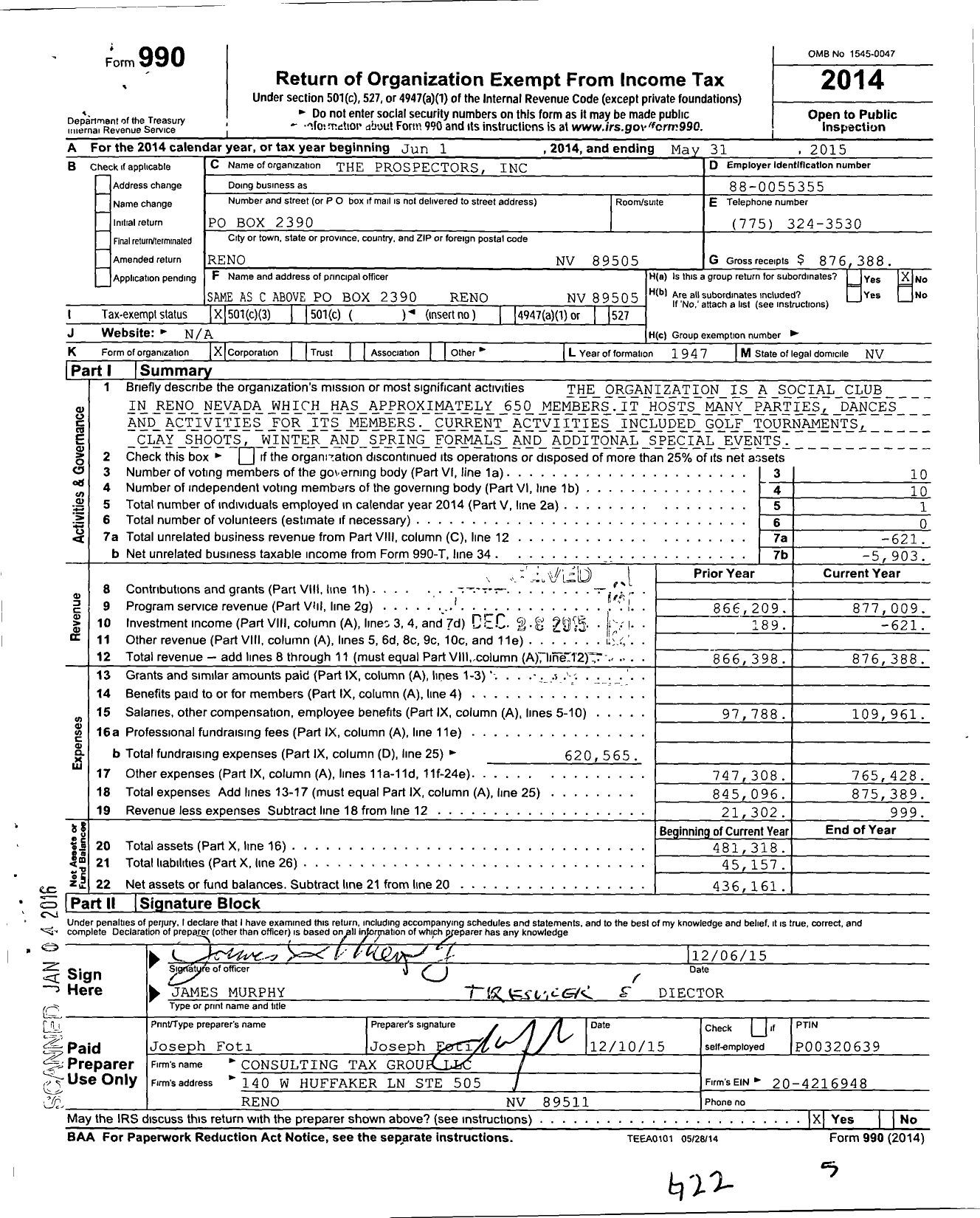 Image of first page of 2014 Form 990 for The Prospectors
