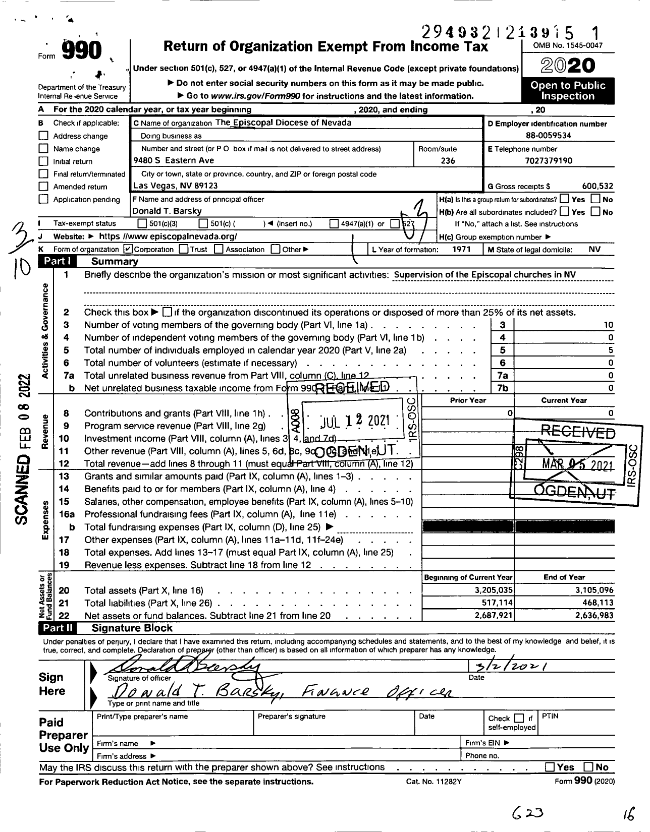 Image of first page of 2020 Form 990 for Episcopal Diocese of Nevada