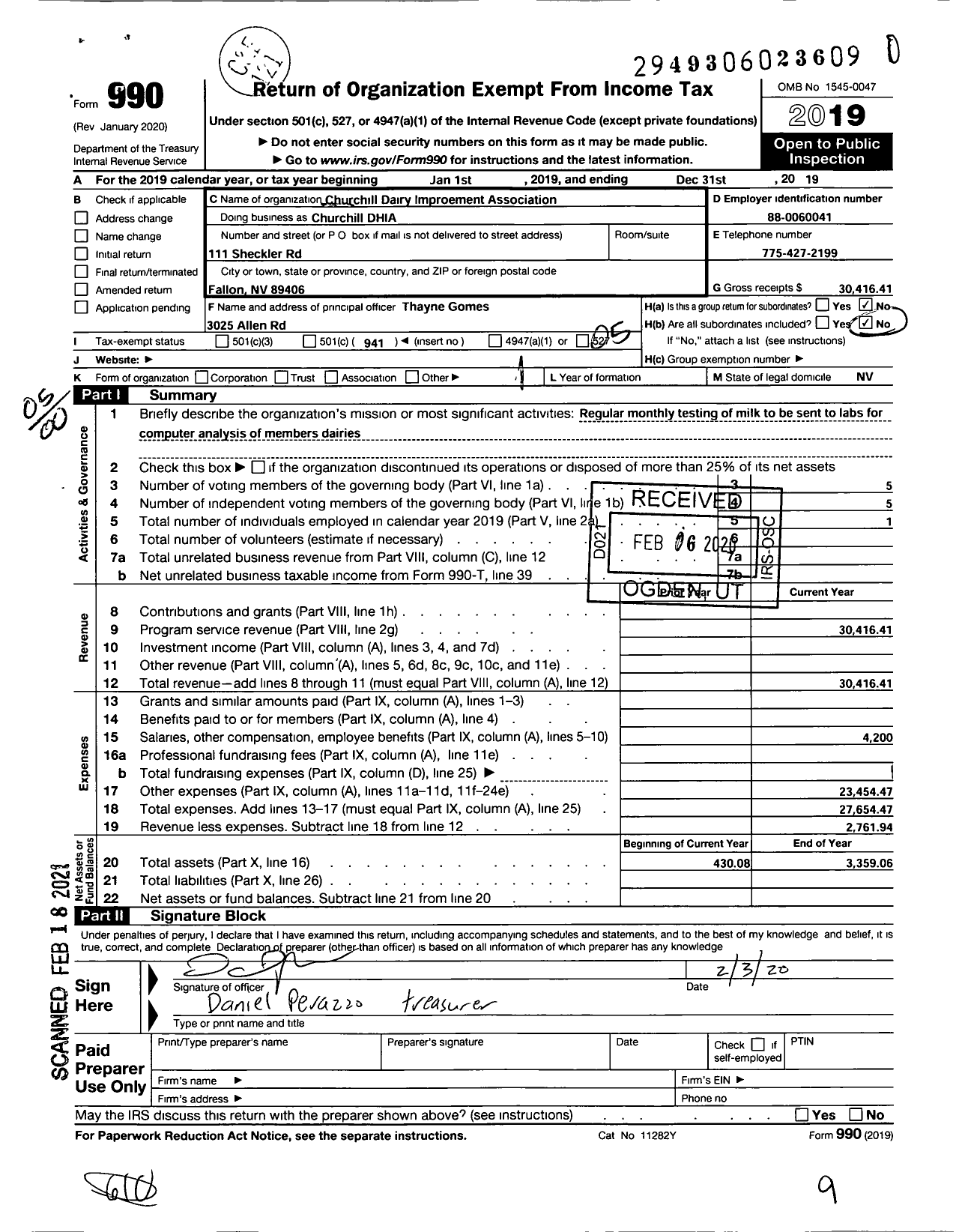 Image of first page of 2019 Form 990O for Churchill Dairy Improvement Association (CDIHA)