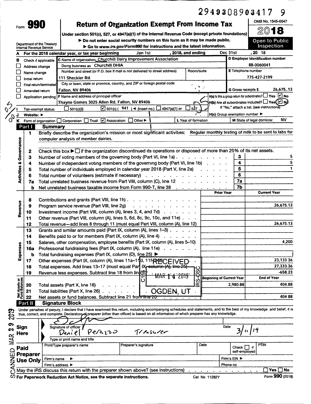 Image of first page of 2018 Form 990O for Churchill Dairy Improvement Association (CDIHA)