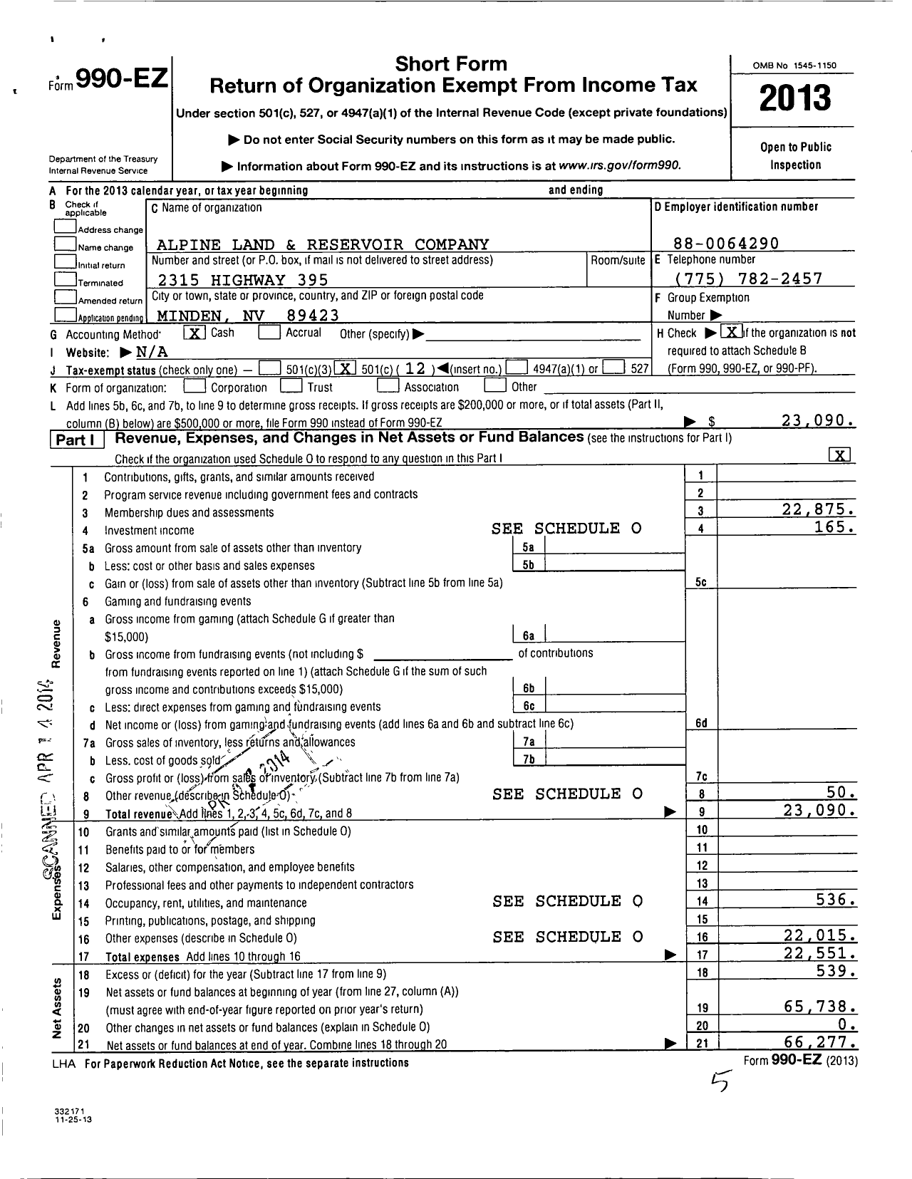 Image of first page of 2013 Form 990EO for Alpine Land and Reservoir