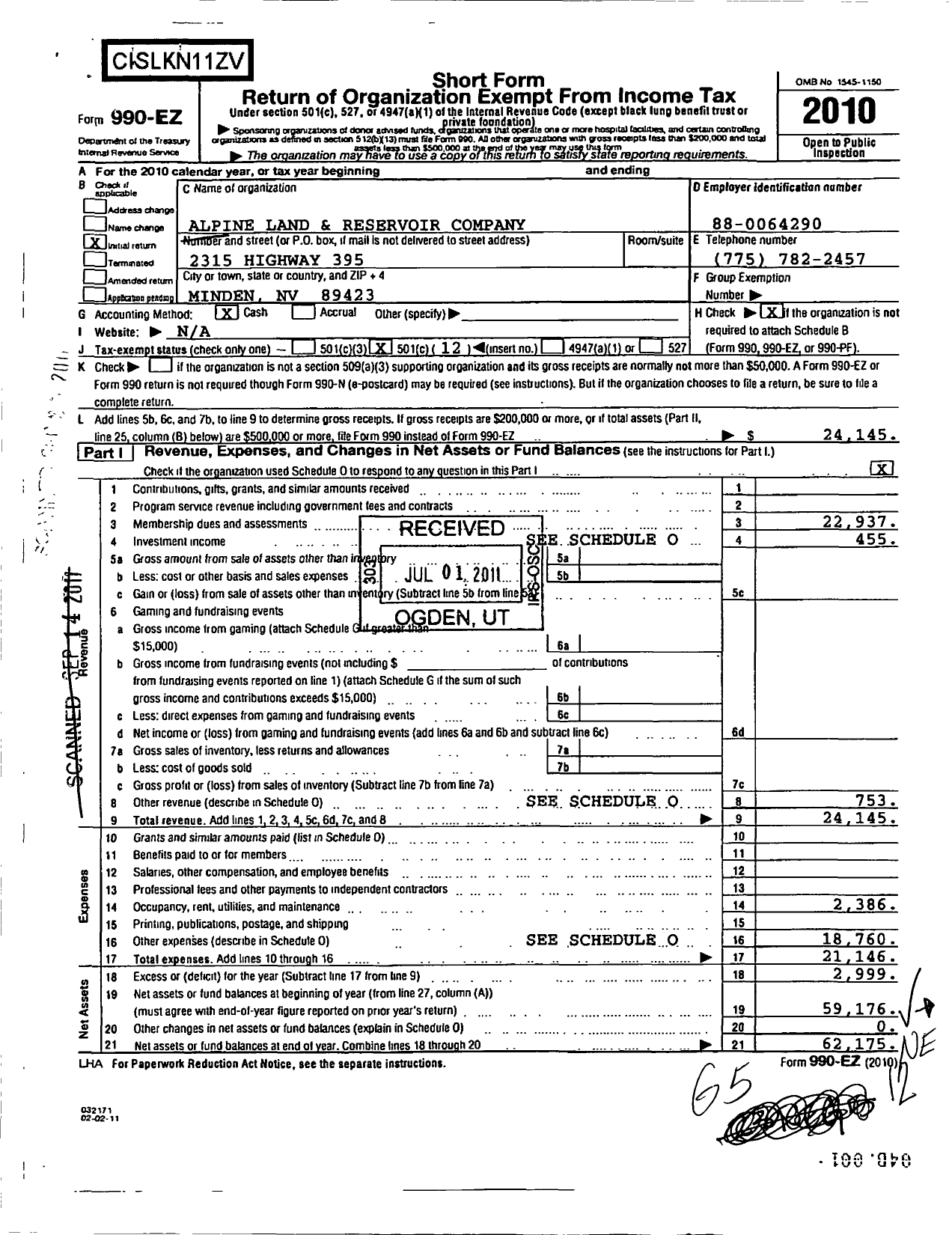 Image of first page of 2010 Form 990EO for Alpine Land and Reservoir