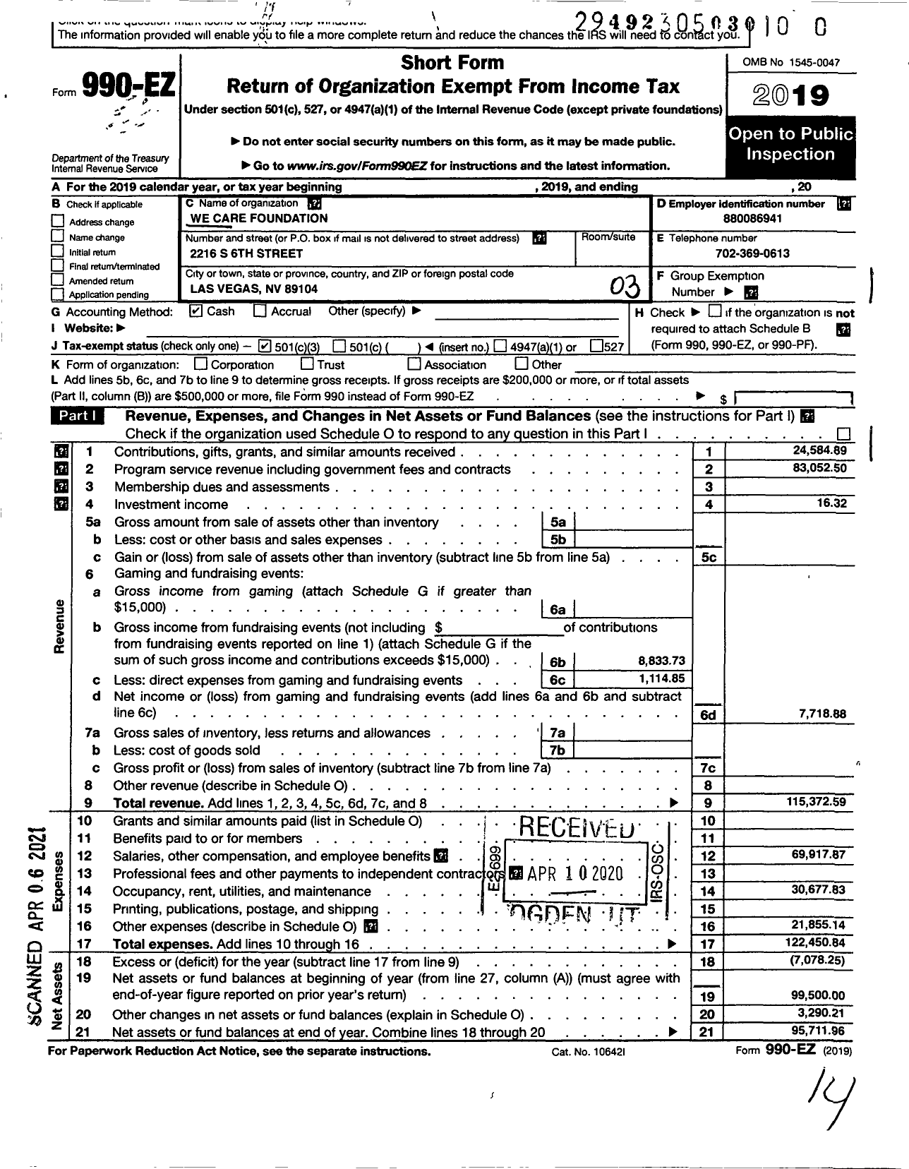 Image of first page of 2019 Form 990EZ for We Care Foundation