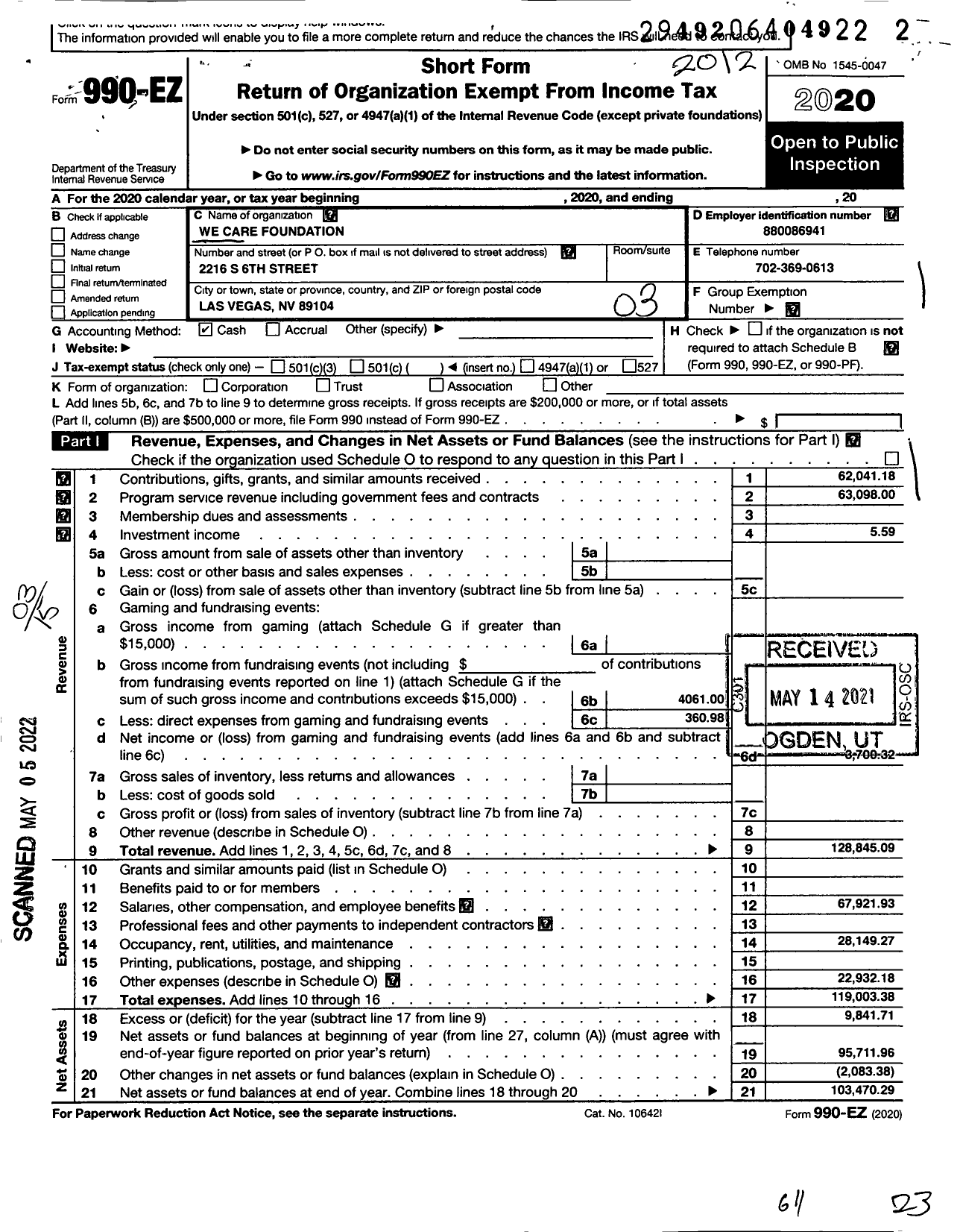 Image of first page of 2020 Form 990EZ for We Care Foundation