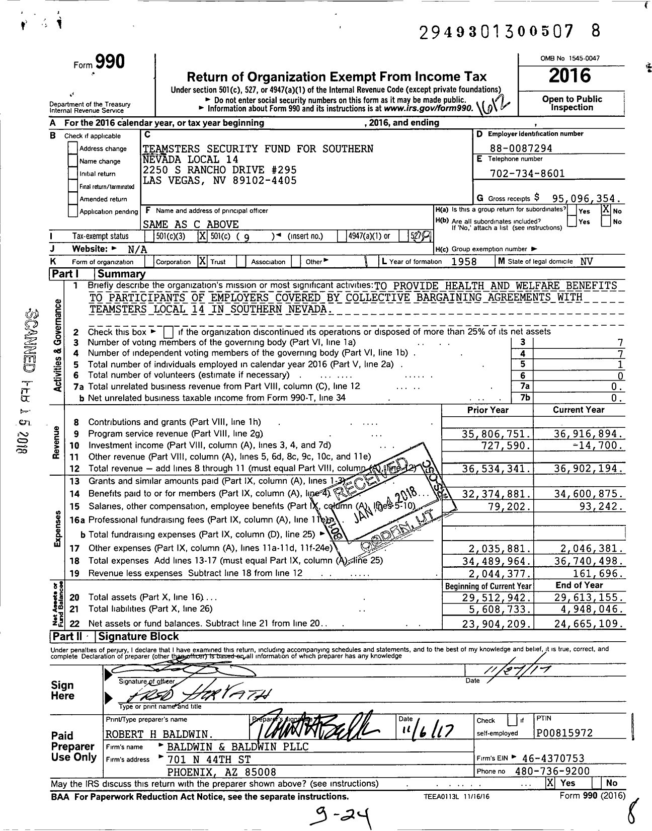 Image of first page of 2016 Form 990O for Teamsters Security Fund for Southern Nevada Local 14