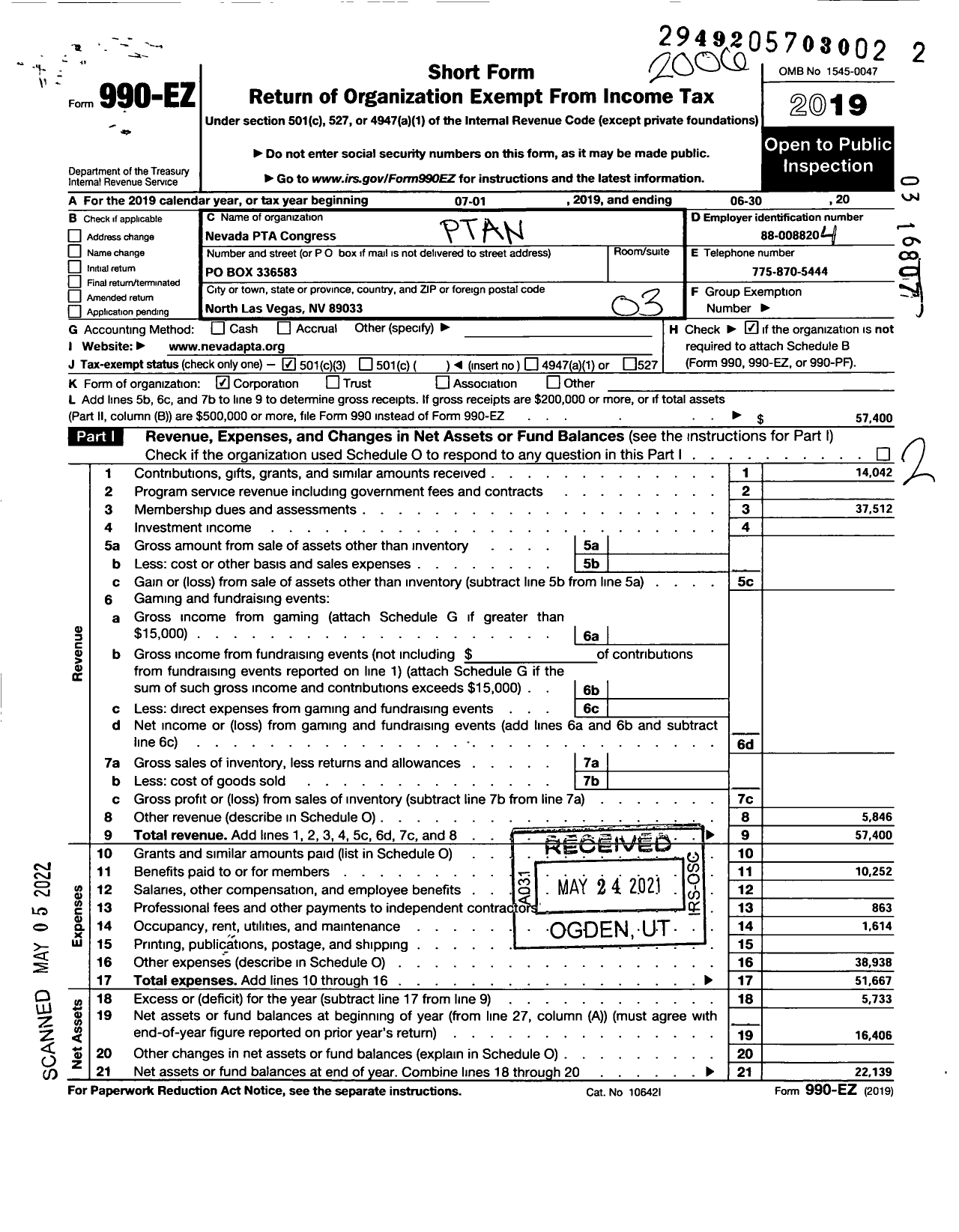 Image of first page of 2019 Form 990EZ for Nevada PTA Congress