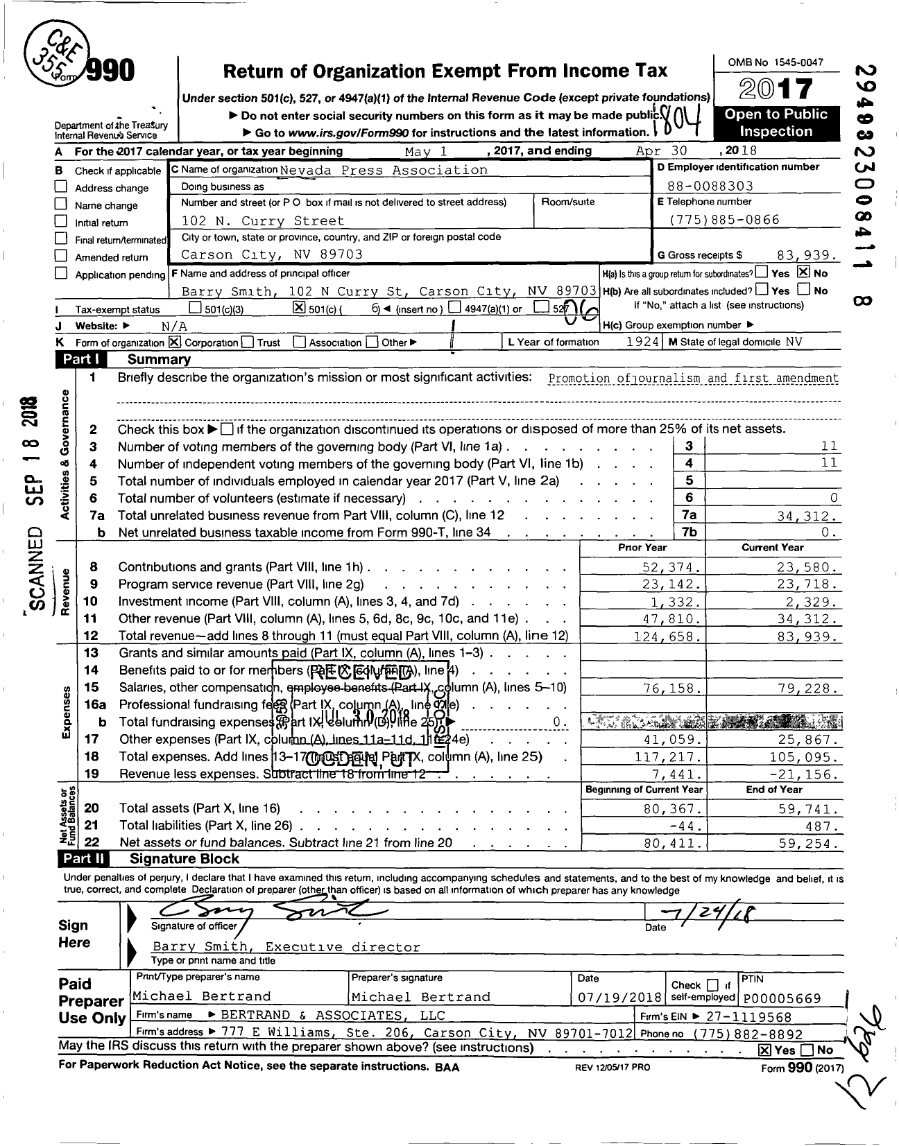 Image of first page of 2017 Form 990O for Nevada Press Association