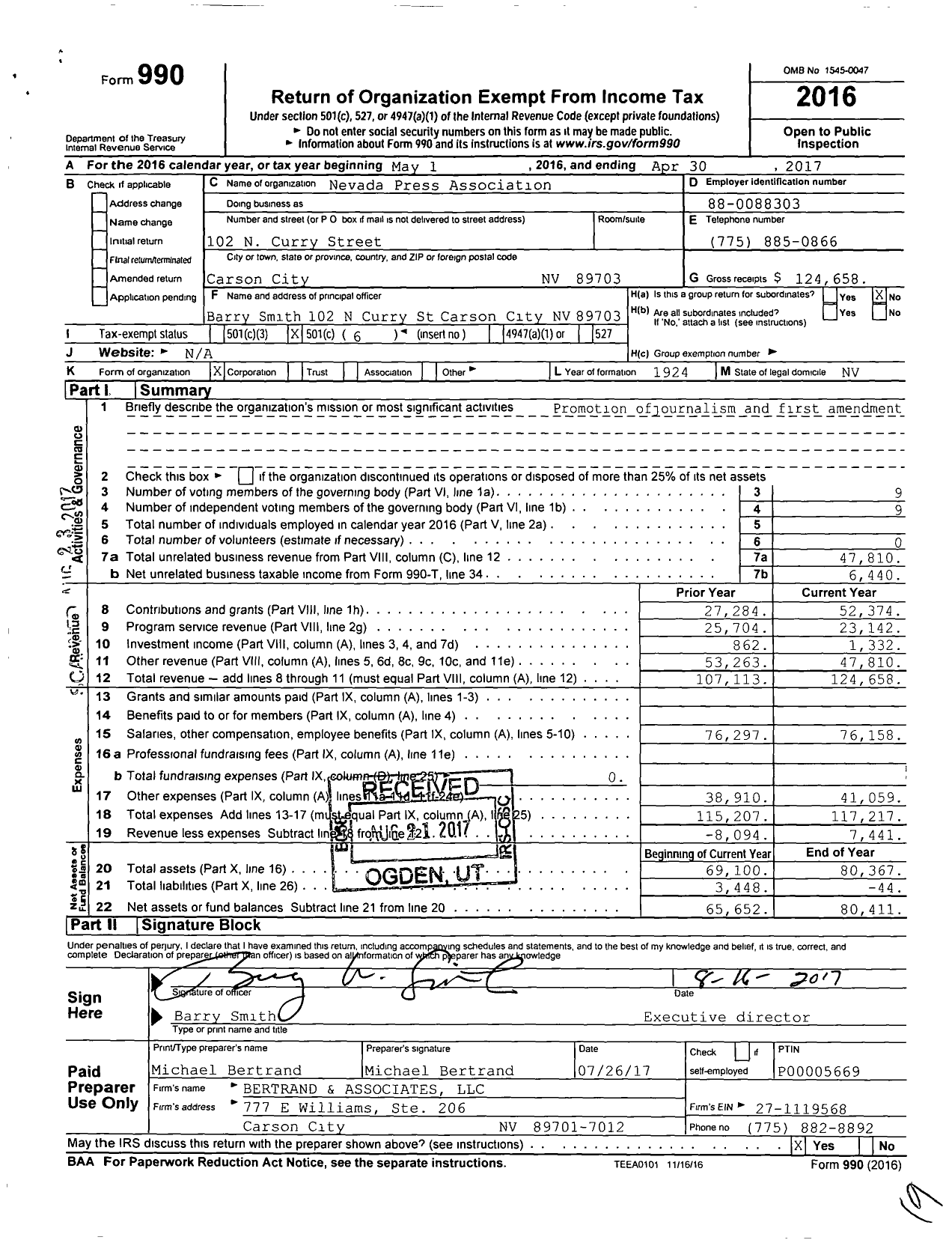 Image of first page of 2016 Form 990O for Nevada Press Association