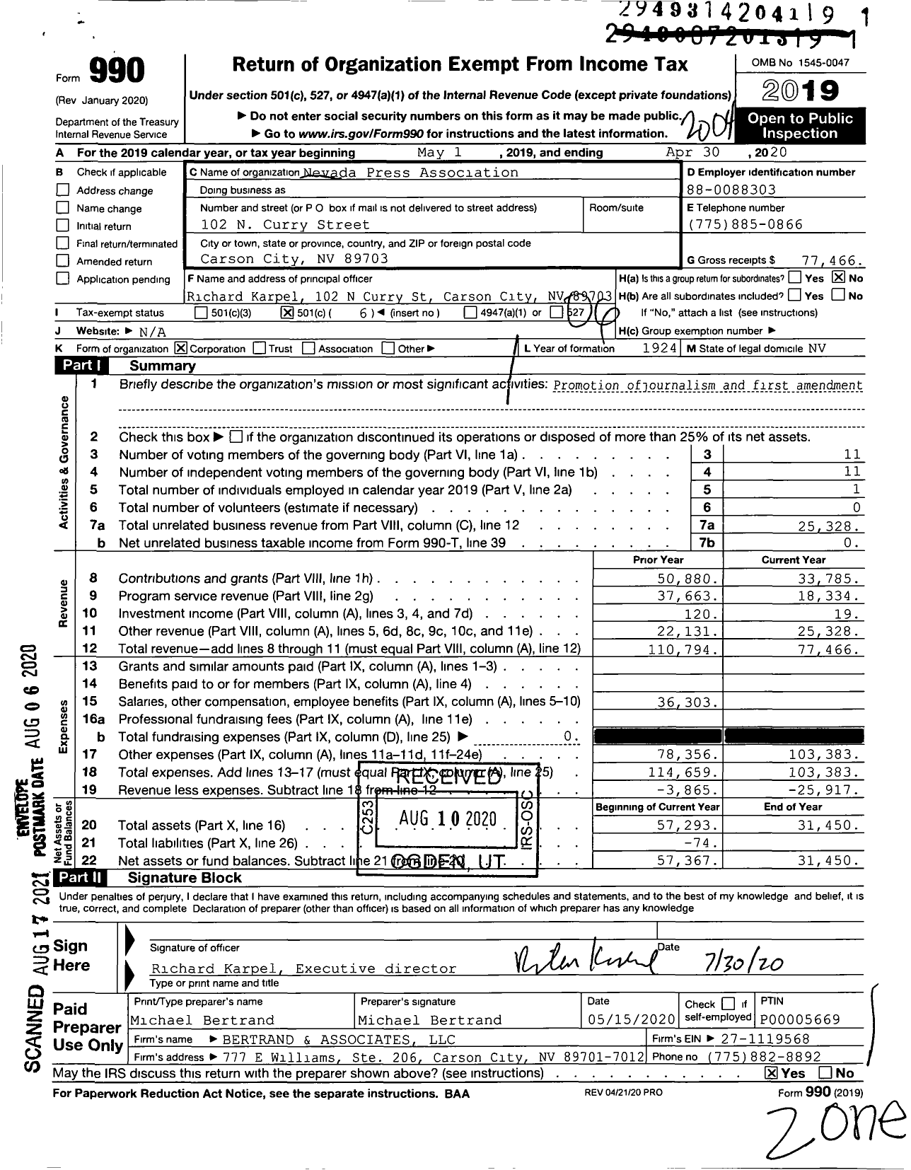 Image of first page of 2019 Form 990O for Nevada Press Association