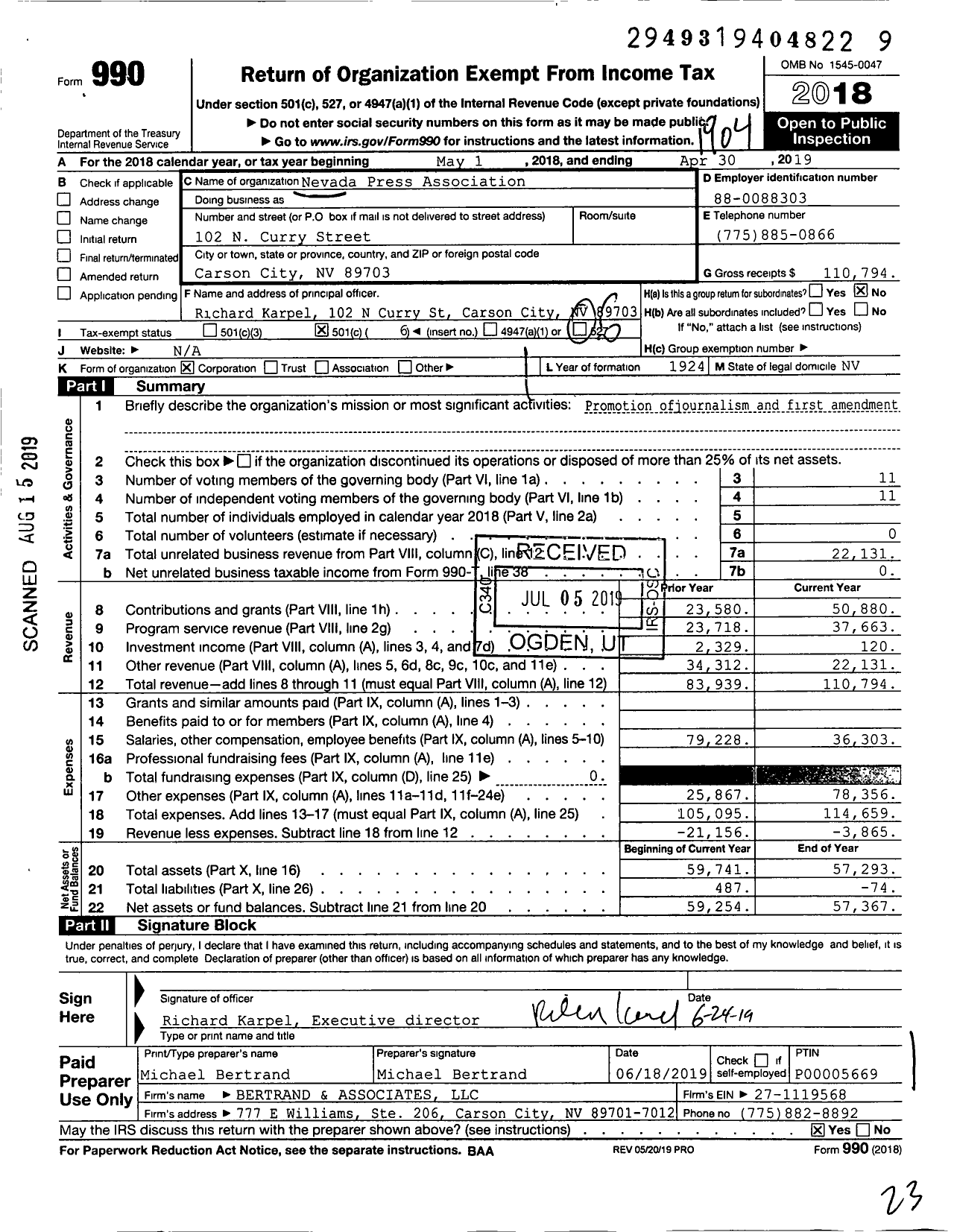 Image of first page of 2018 Form 990O for Nevada Press Association