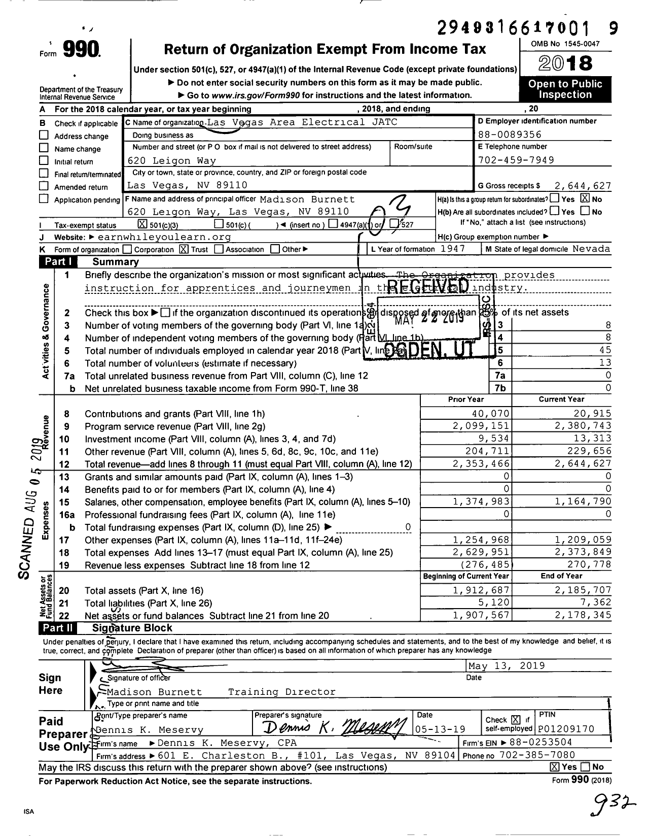 Image of first page of 2018 Form 990 for Electrical JATC Southern Nevada