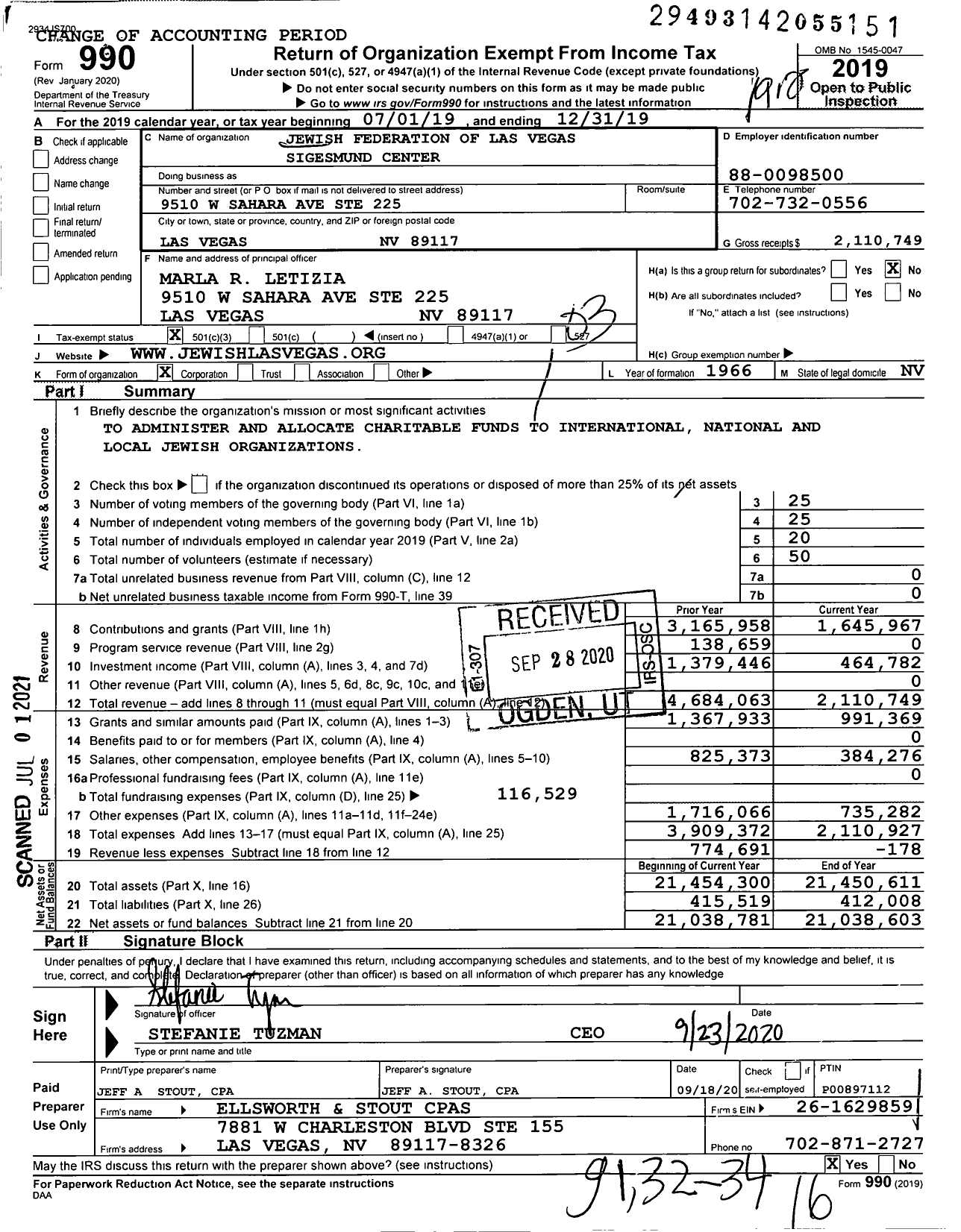 Image of first page of 2019 Form 990 for Jewish Federation of Las Vegas Sigesmund Center