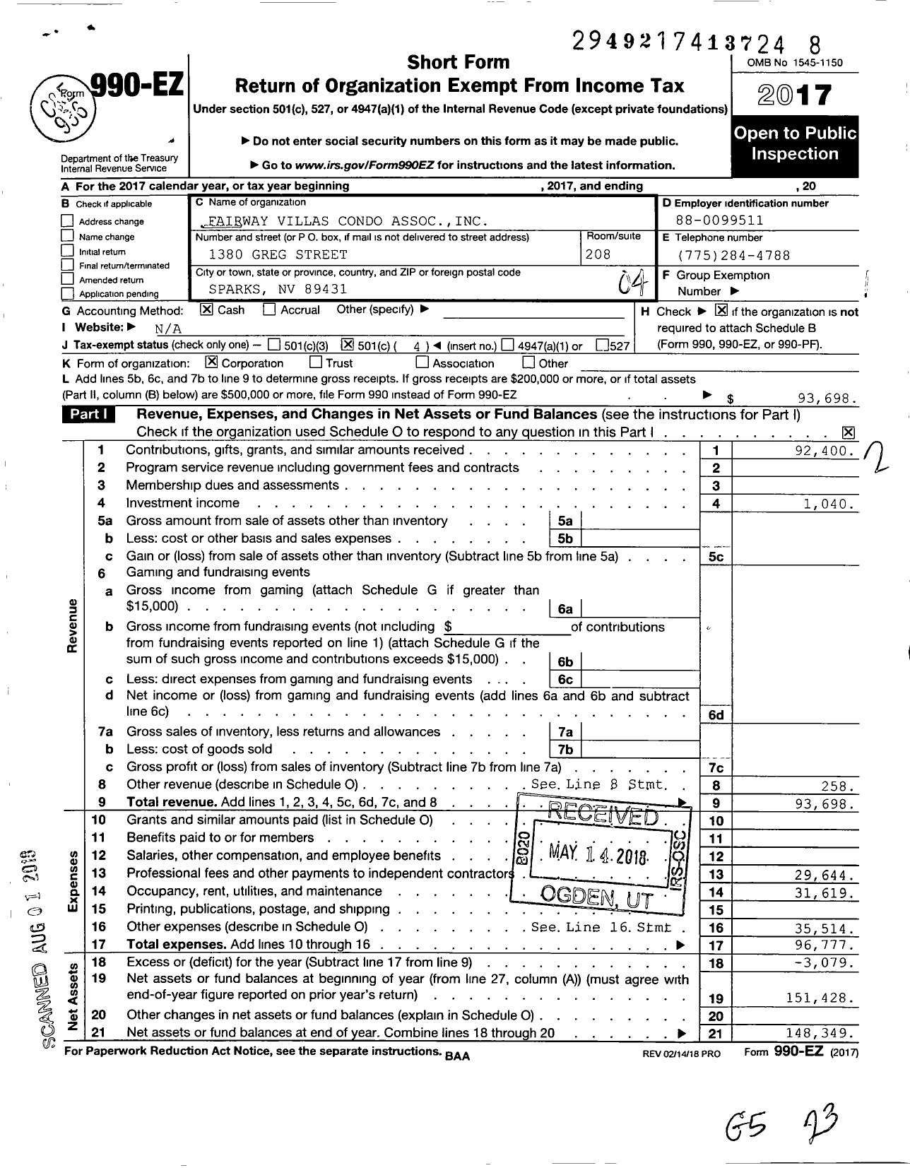 Image of first page of 2017 Form 990EO for Fairway Villas Condominium Association