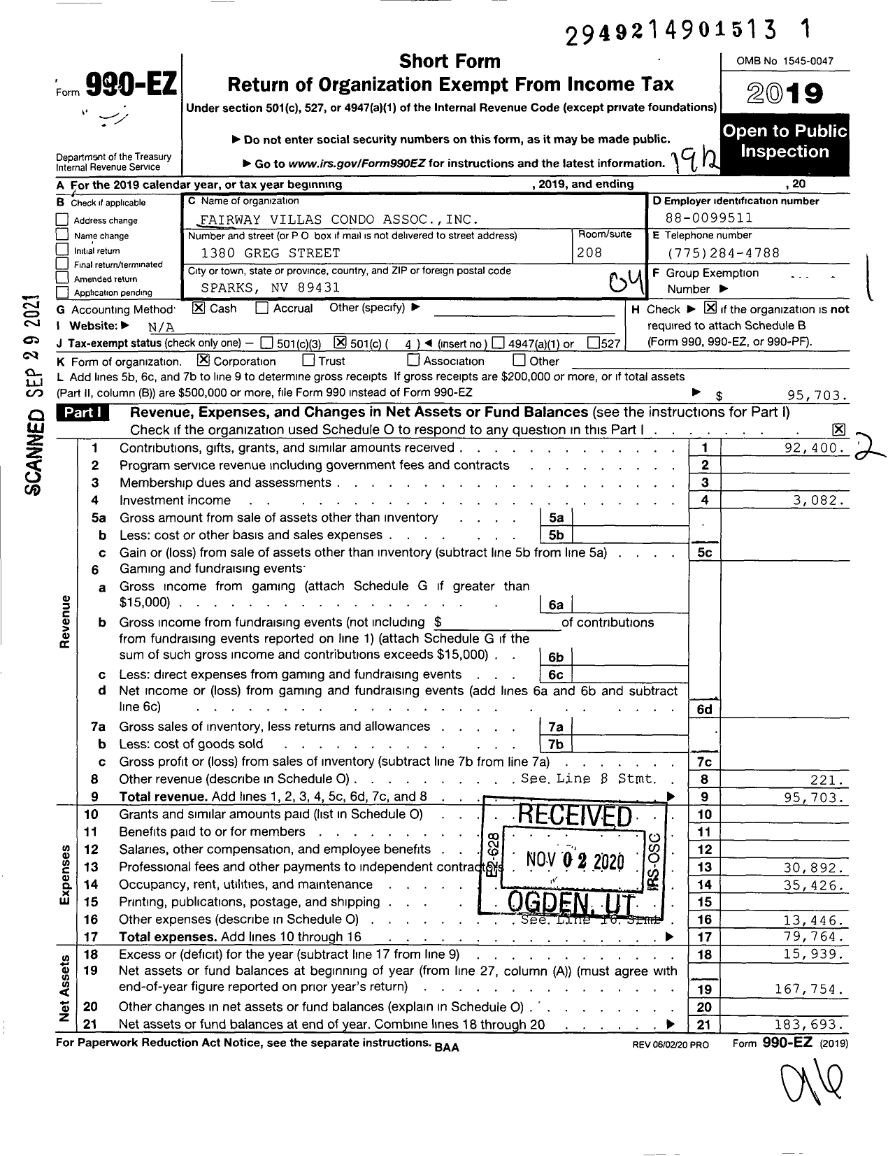 Image of first page of 2019 Form 990EO for Fairway Villas Condominium Association