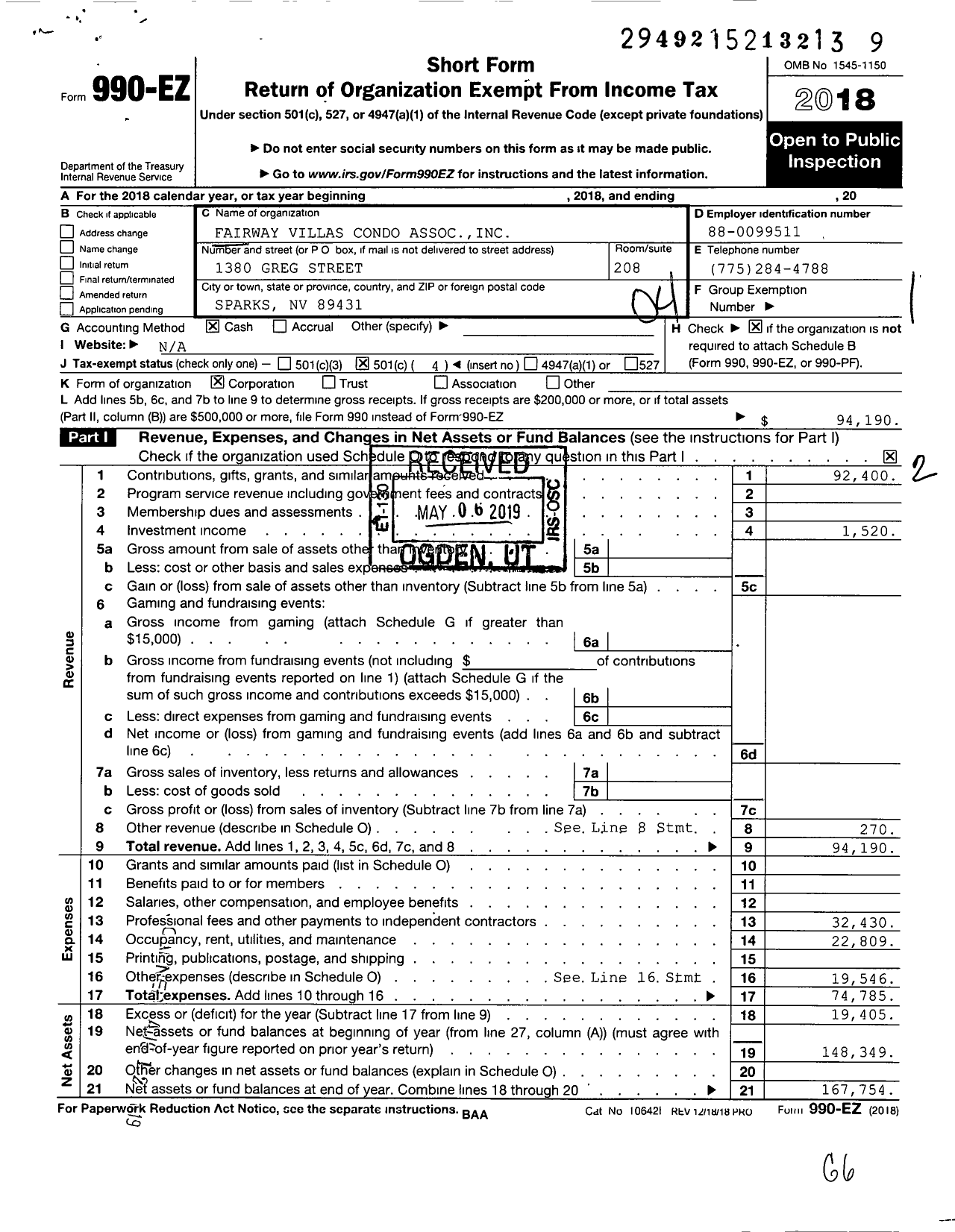 Image of first page of 2018 Form 990EO for Fairway Villas Condominium Association