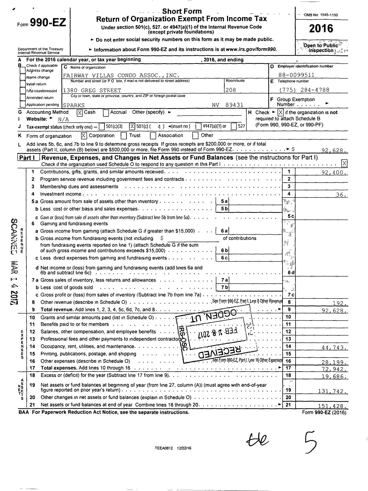 Image of first page of 2016 Form 990EO for Fairway Villas Condominium Association