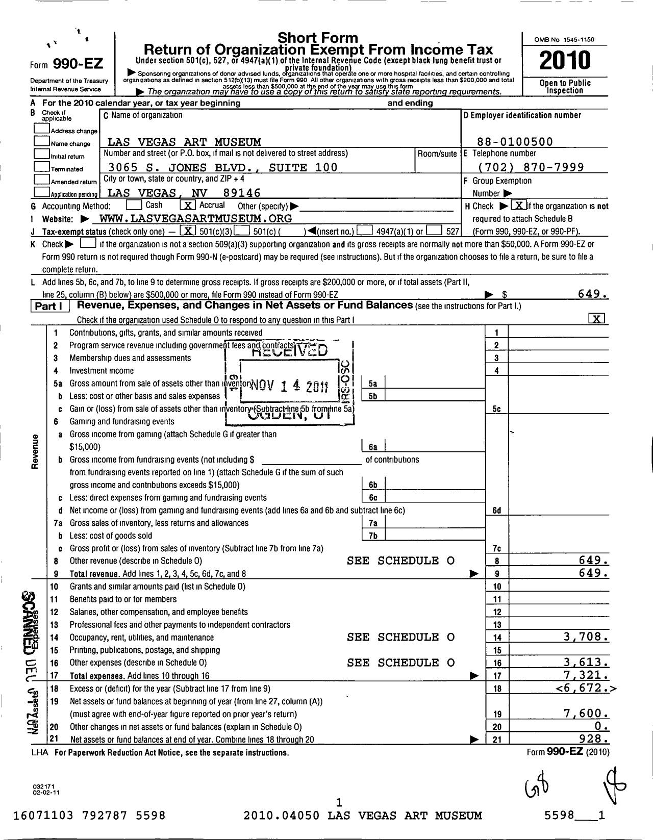 Image of first page of 2010 Form 990EZ for Las Vegas Art Museum