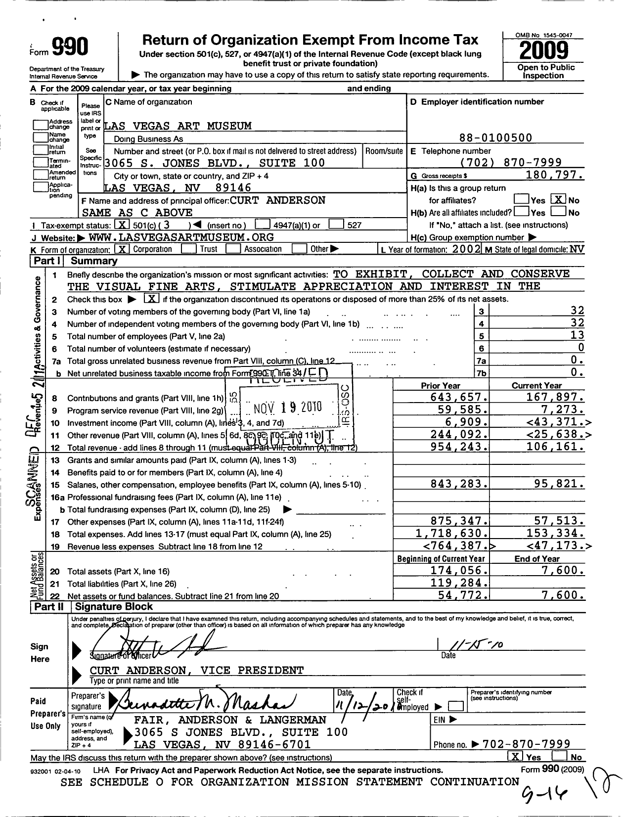 Image of first page of 2009 Form 990 for Las Vegas Art Museum